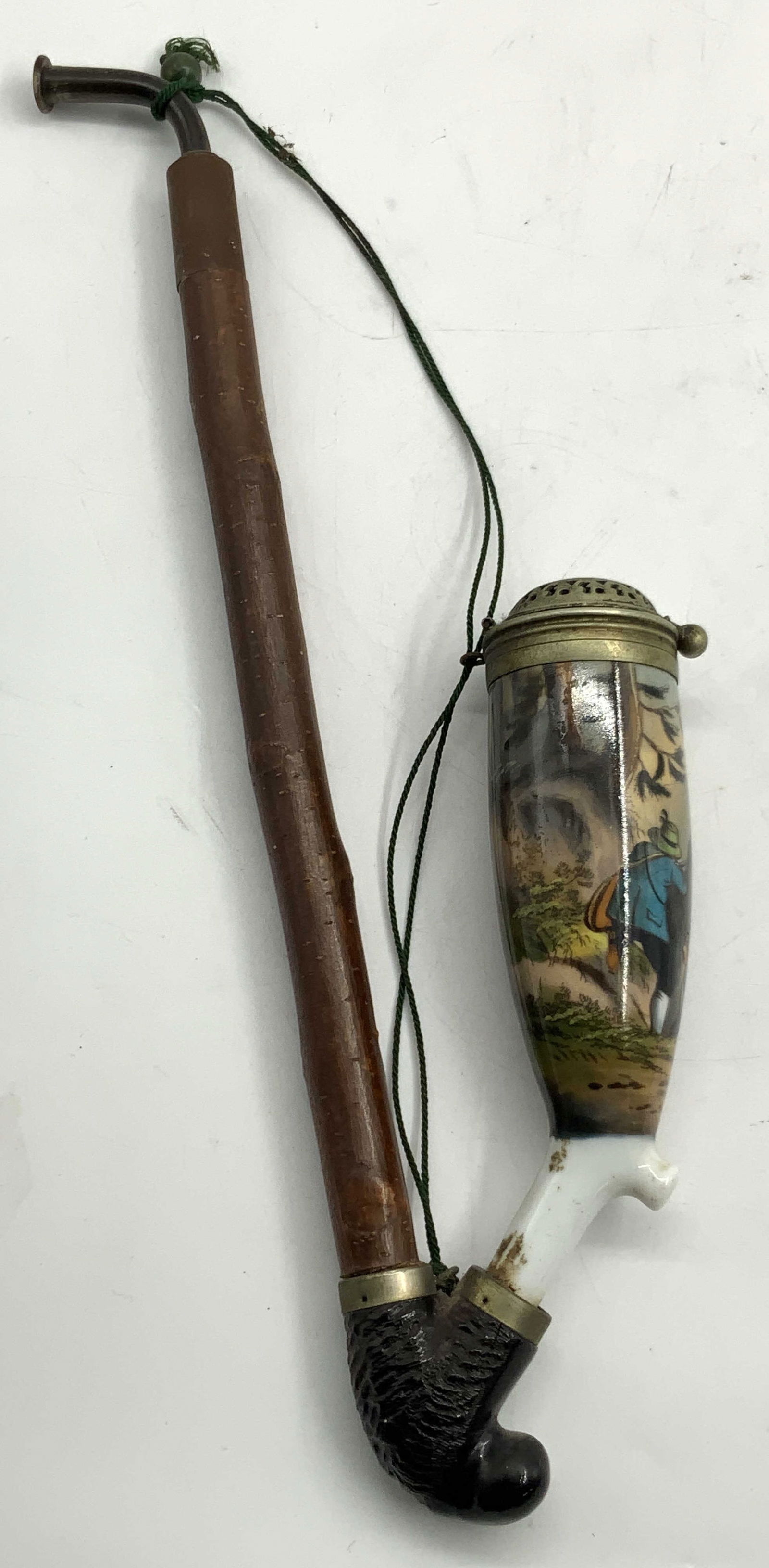 Antique Hand Painted Wooden Porcelain Pipe 11in (1 of 10)