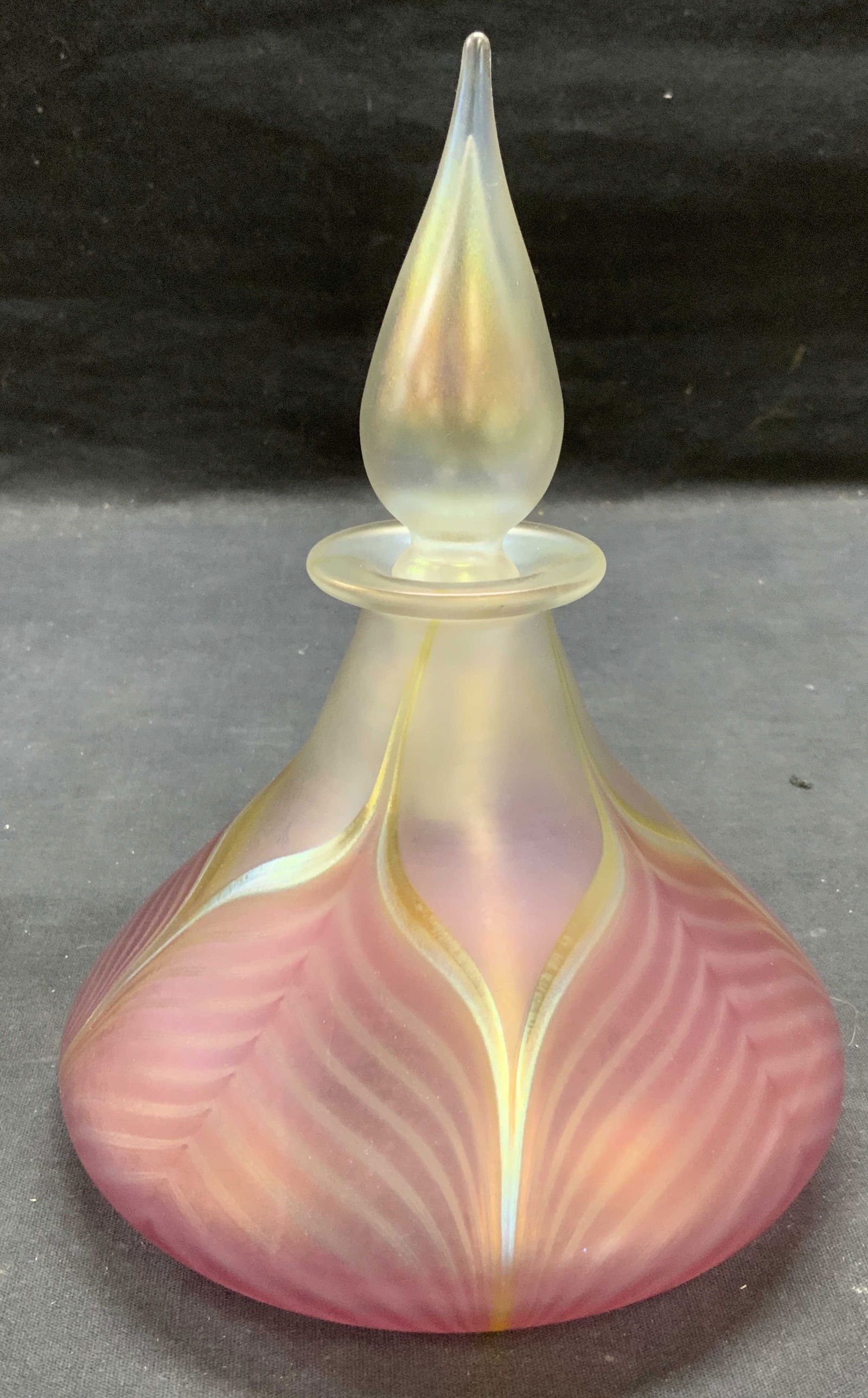 Signed Pink Feather Pull Art Glass Bottle (1 of 6)