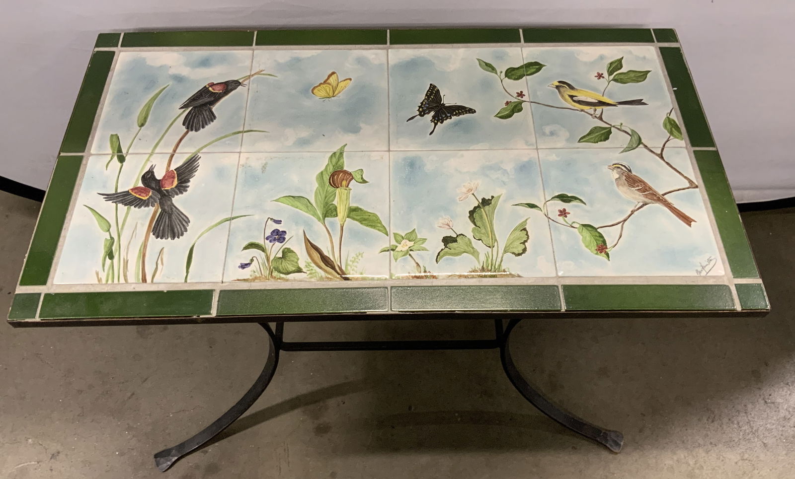 Sig Hand Paint Bird Motif Tile Table W/ Iron Base (1 of 12)