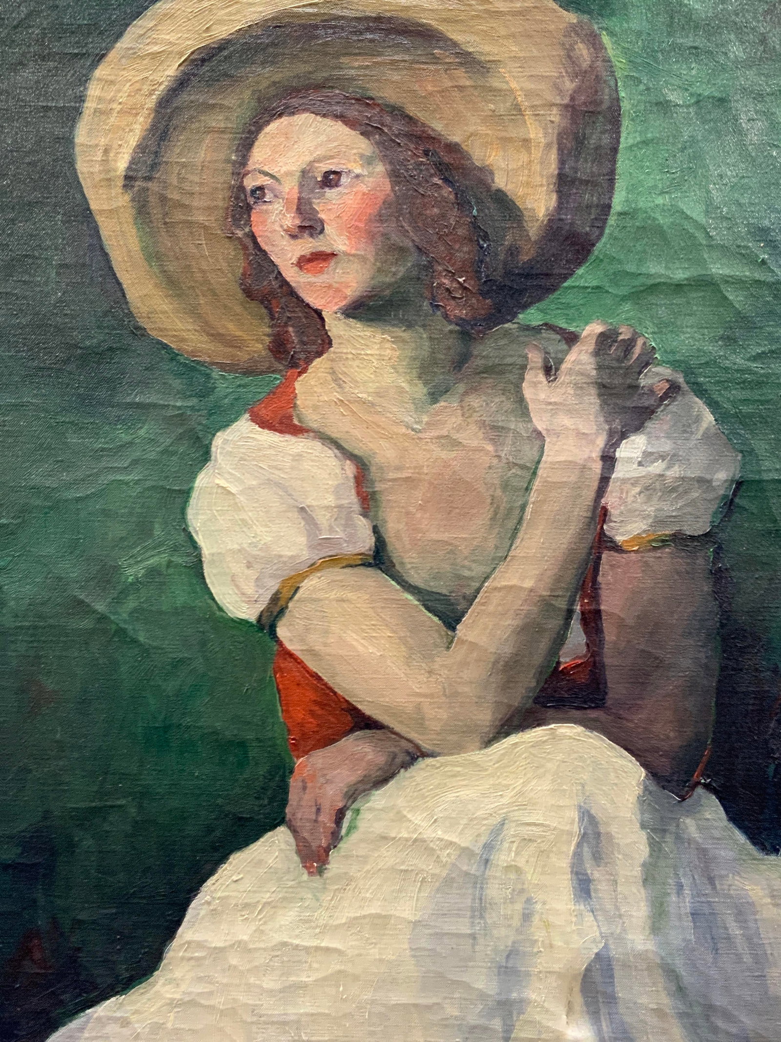 Vtg Maiden Portrait Oil Painting On Canvas 30in: Vintage oil painting of a woman in a white dress with red corset top and wide brim hat on canvas. No framed approx. 30 x 25 inches Moderate wearing to edges of canvas and cracking to paint due to age 