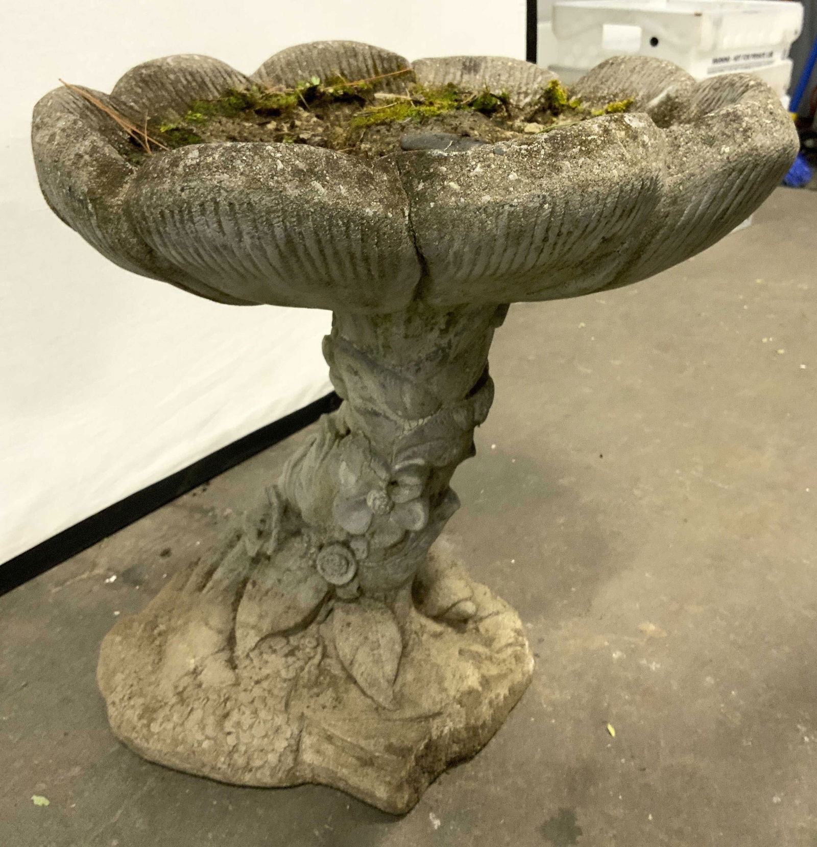 Signed Floral Boho Cast Concrete Birdbath (1 of 8)