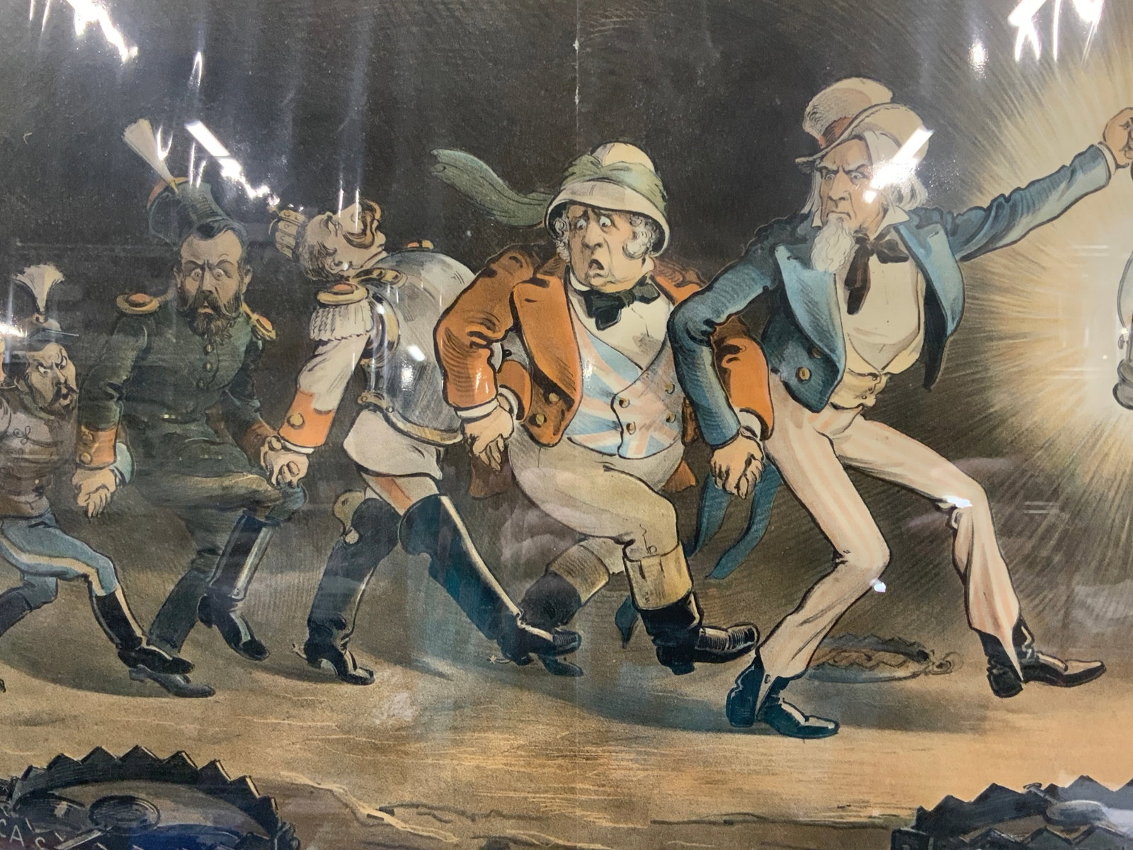 1901 Puck Chinese Labyrinth Political Cartoon: Marked Puck, copyright 1901 Reads In the Chinese Labyrinth. Depicts Uncle Sam, John Bull and other personifications of other countries walking through an underground tunnel, watching out for bear trap