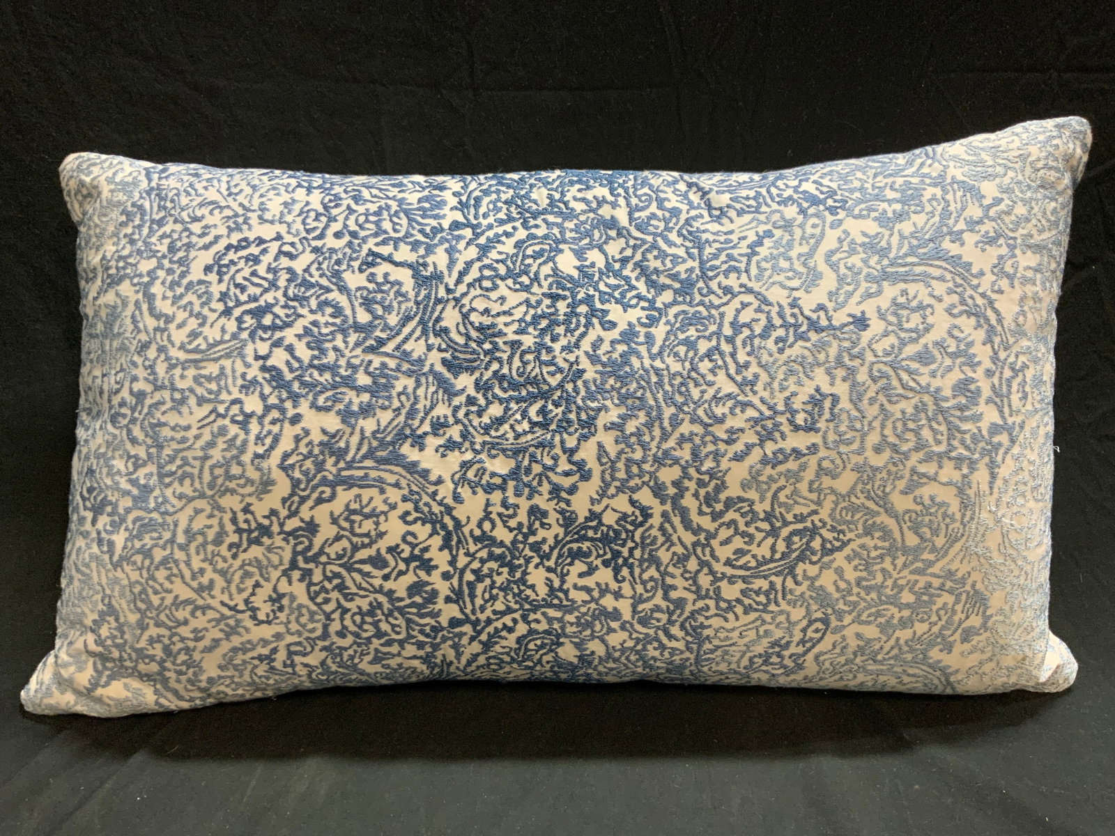 Embroidered Lumbar Throw Pillow White & Blue: Pillow is white & with embroidered vine and leaf detail. Backside is solid white toned and has zipper area. Measures approximately 23 inches long 13 inches tall. Pillow, throw pillow, Lumbar pillow, l