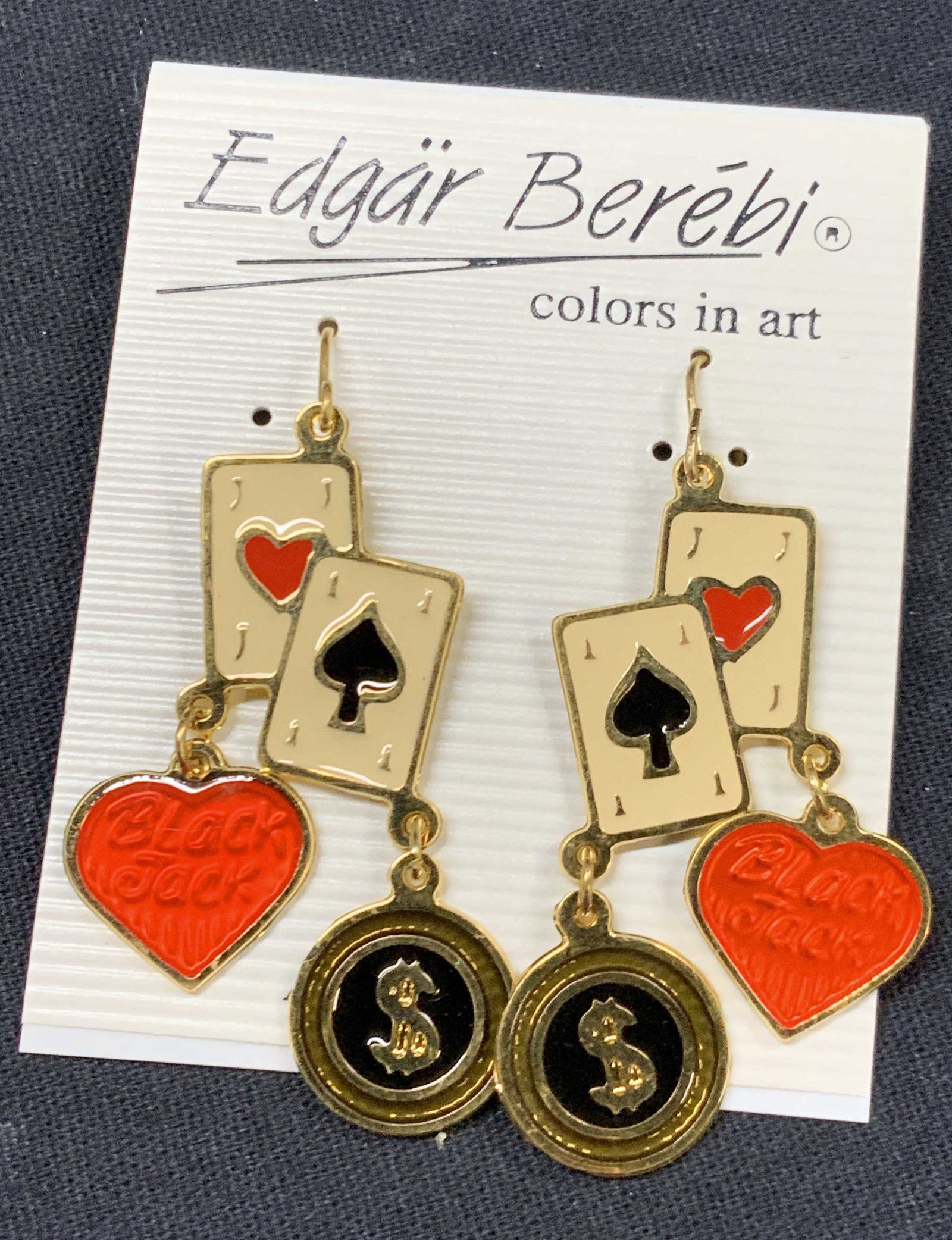 Edgar Berebi Black Jack Card Earrings, NWT: Pair of Edgar Berebi colors in art earrings, new with tag. With playing card motifs and money signs with red hearts with black Jack in the hearts, approx 2 inches long. Minor wearing to card due to st
