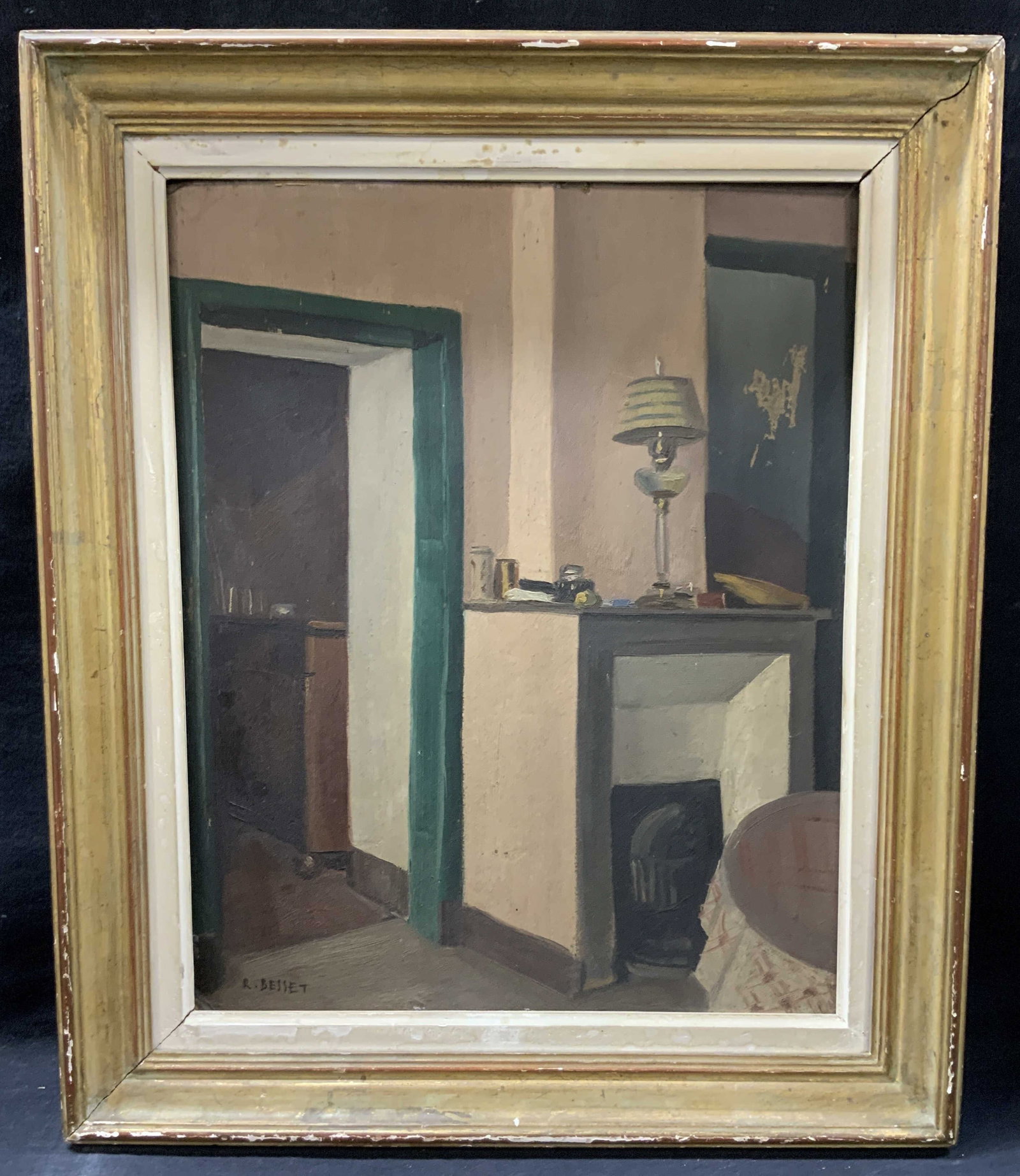R. Basset Signed Interior Scene Oil Painting: Signed R. Basset. Vintage oil painting depicting the interior of a home. Framed in gold leafed wooden frame. Approx 20 x 17 inches window measures 16 x 12.75 inches Evident wearing and loss to frame a
