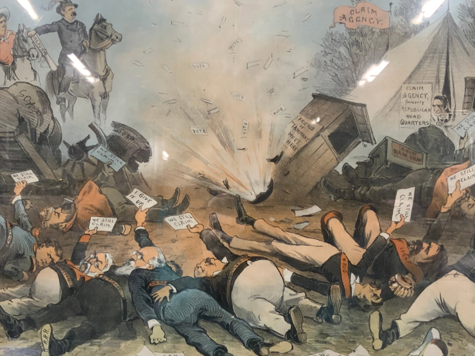 Puck Antq Mulligan Guards Political Cartoon: Marked Puck, office of Puck 23 Warren street, Ny, Reads The Mulligan Guard lies but surrenders. Depicting the mulligan guards faking their deaths, lying on the ground holding up We still have claim sl