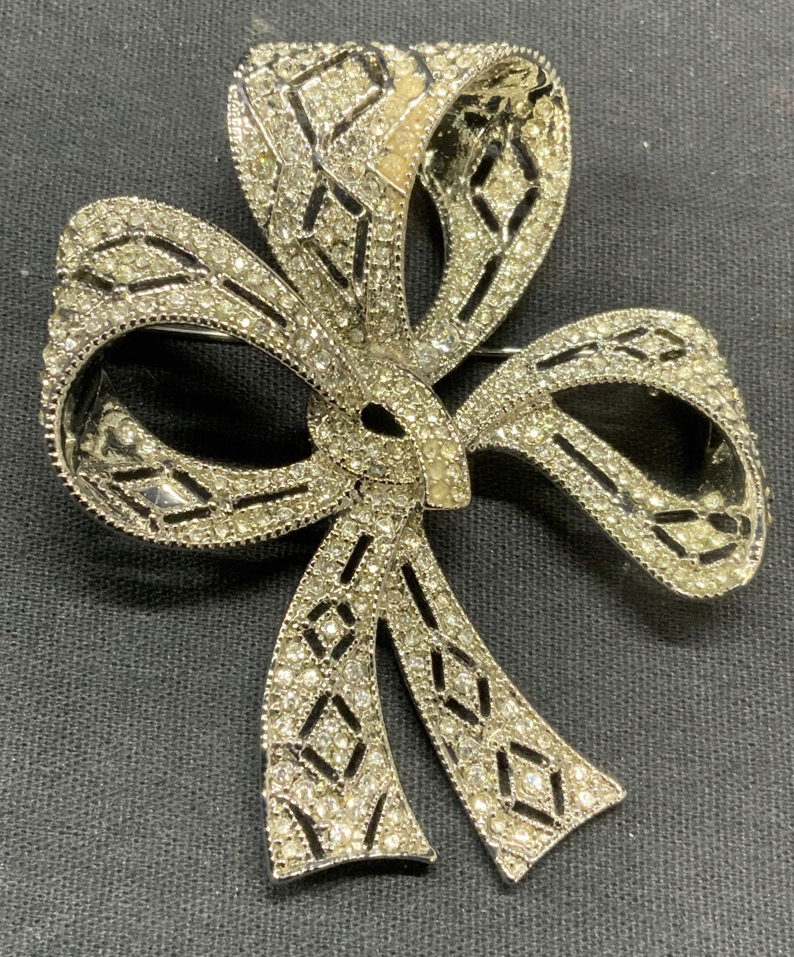 Vintage Silver Tone Crystal Ribbon Bow Brooch (1 of 6)