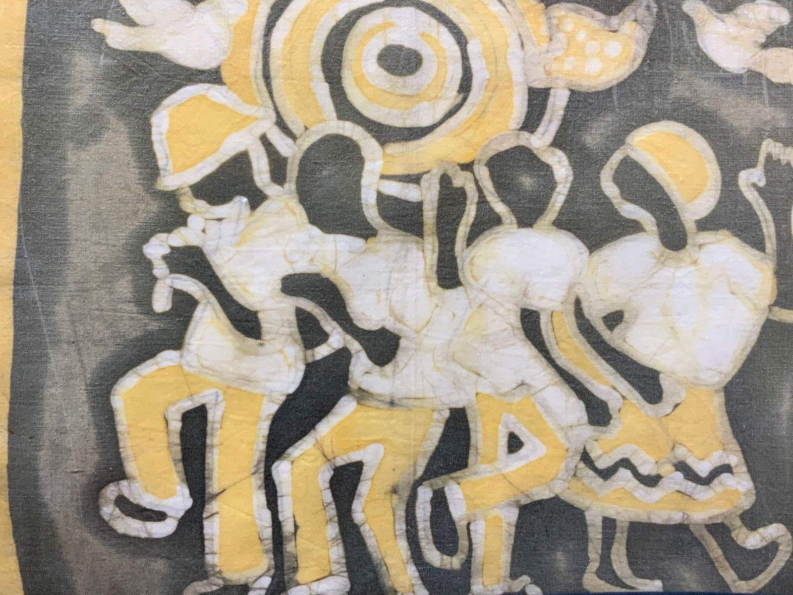 Folk Art Fabric Print: Folk art printed on stretched fabric, depicting people dancing while one of them plays a flute with birds overhead. No frame. Approx 14 x 18.5 inches Moderate wearing to fabric on edges and corners Fa