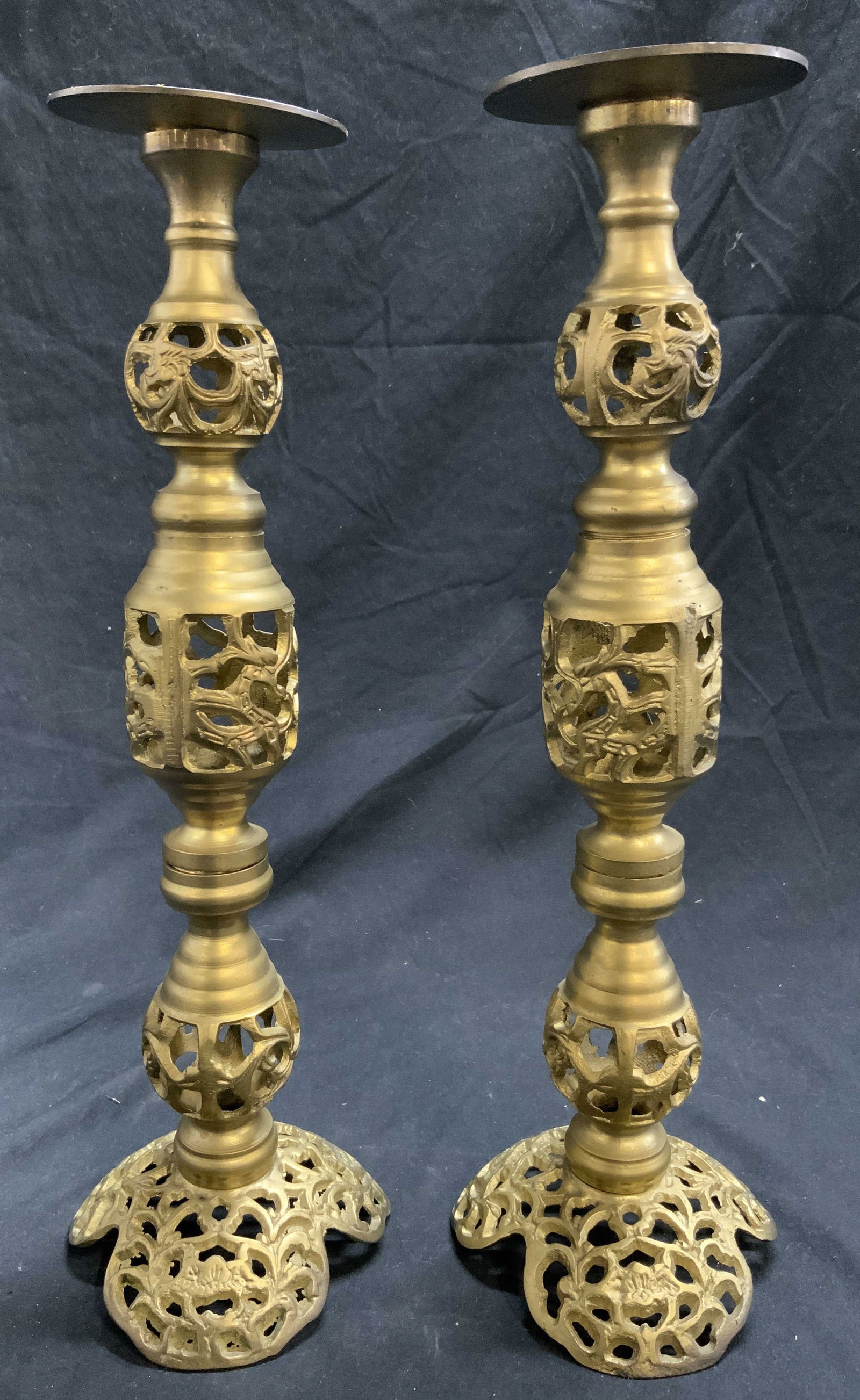 Pair Gilt Metal Candlesticks W Pierced Detail (1 of 7)