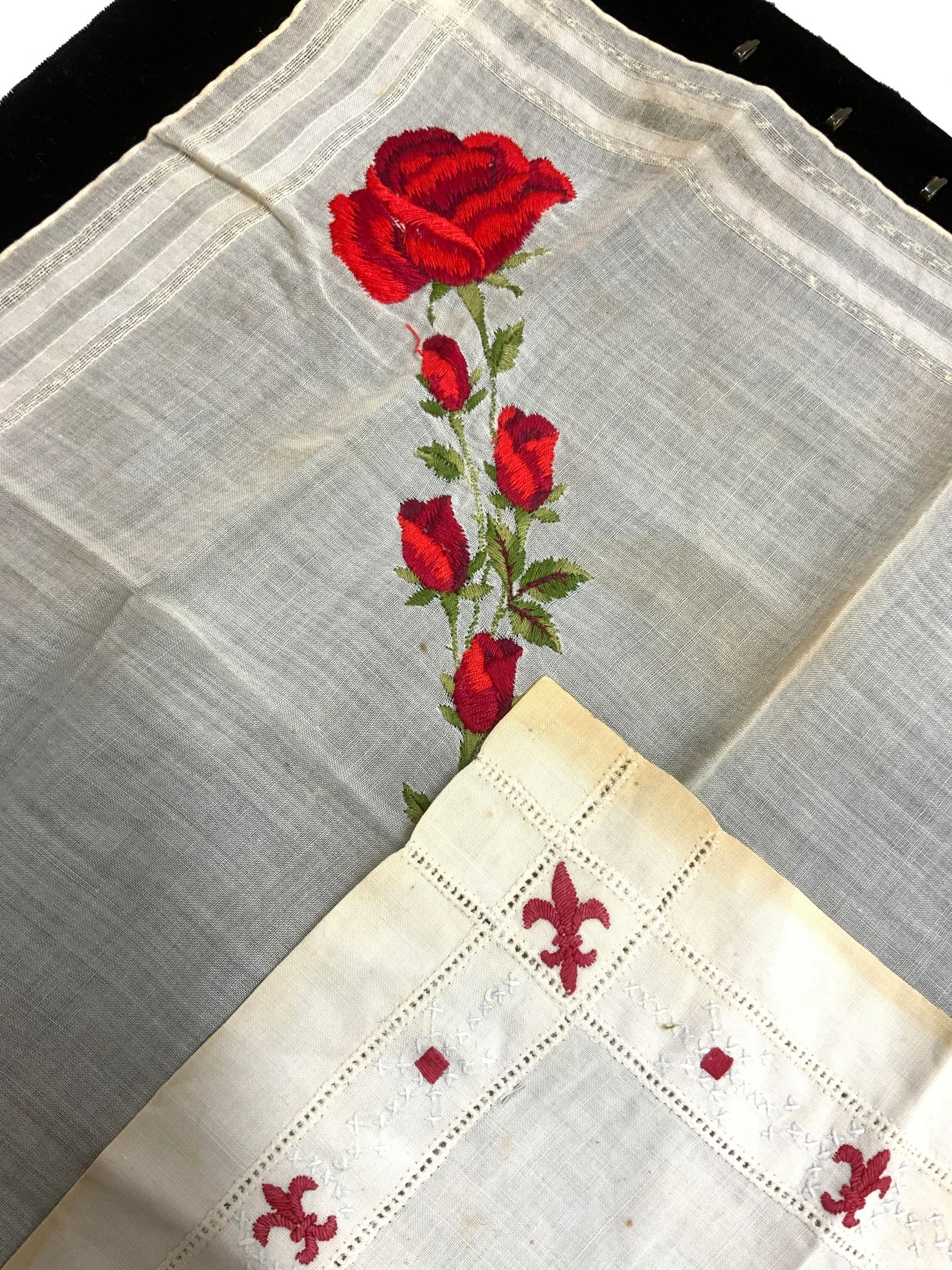 2 Embroidered Cotton Hankies, Fleur de Lis/Rose (1 of 7)