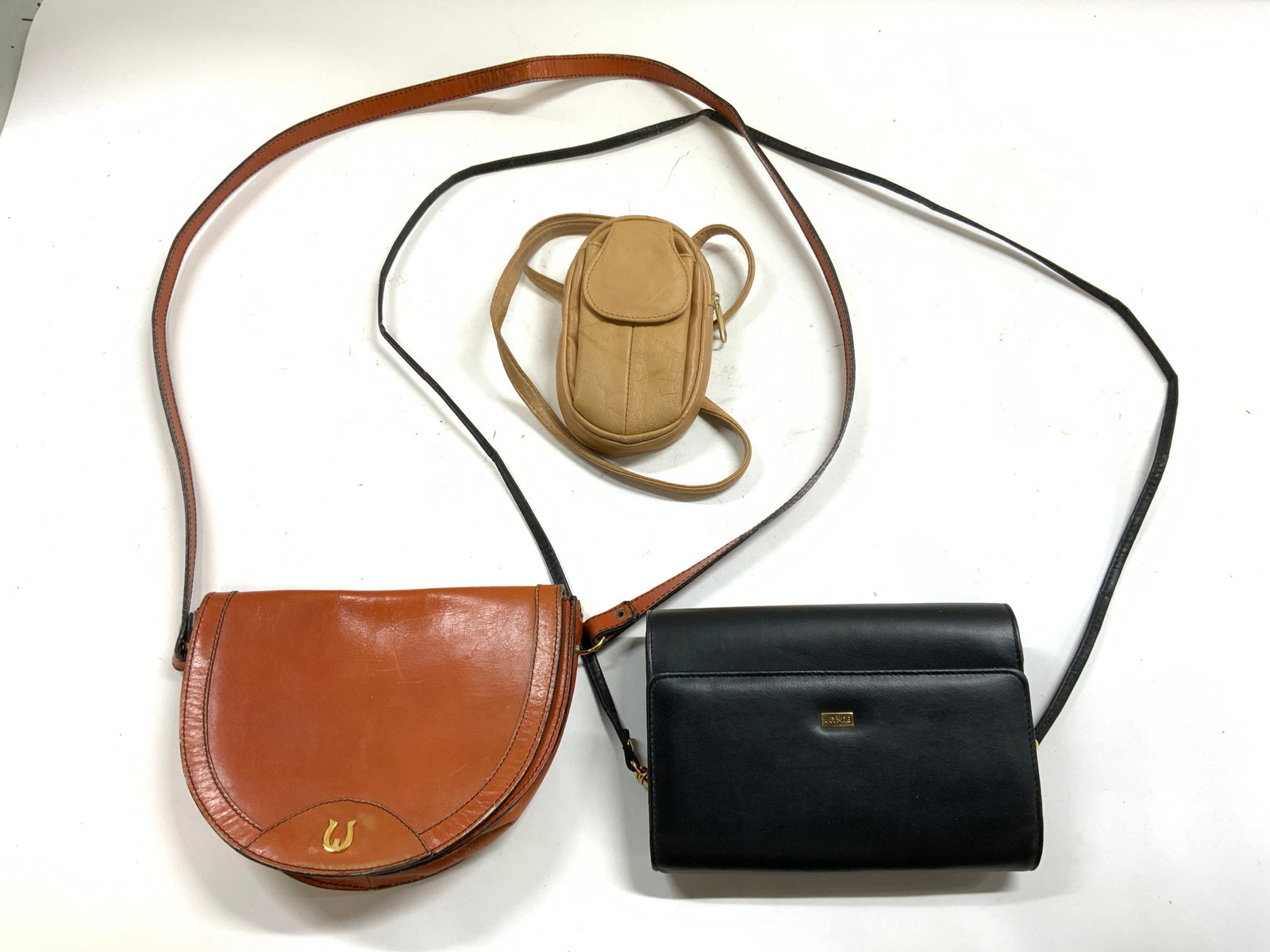 Lot 3 BUXTON Leather Purse & More: Black toned leatherette purse has name plate on flap which reads BUXTON. Piece has gilt metal hardware, & snap button clasp. Interior has zippered pocket, flap has 6 card pockets. Lot also includes si