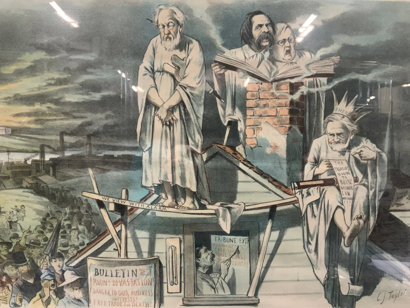 Pick Magazine Antq Political Cartoon: Marked Puck, Reads Hard times for the political Wiggins and his disciples, waiting for the collapse of the administration, the destruction of the National prosperity and the end of the world. Depictin