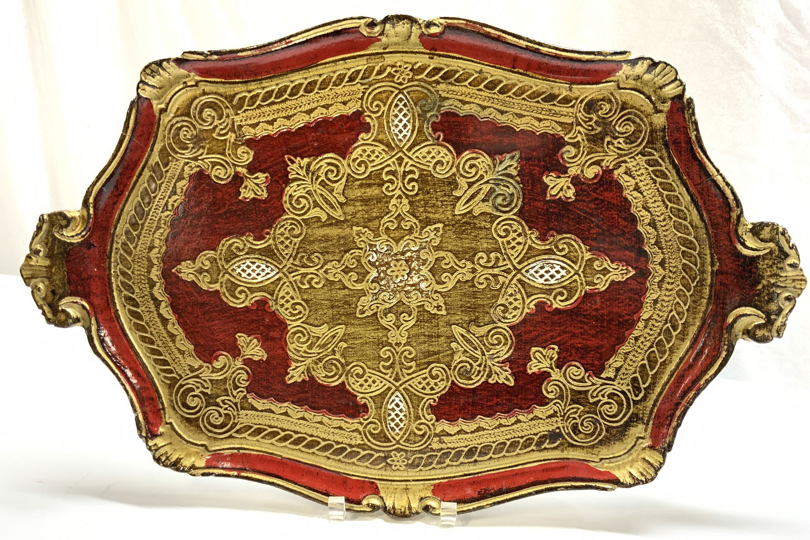 Red & Gold Lacquer Florentine Wood Tray 23in Italy (1 of 7)