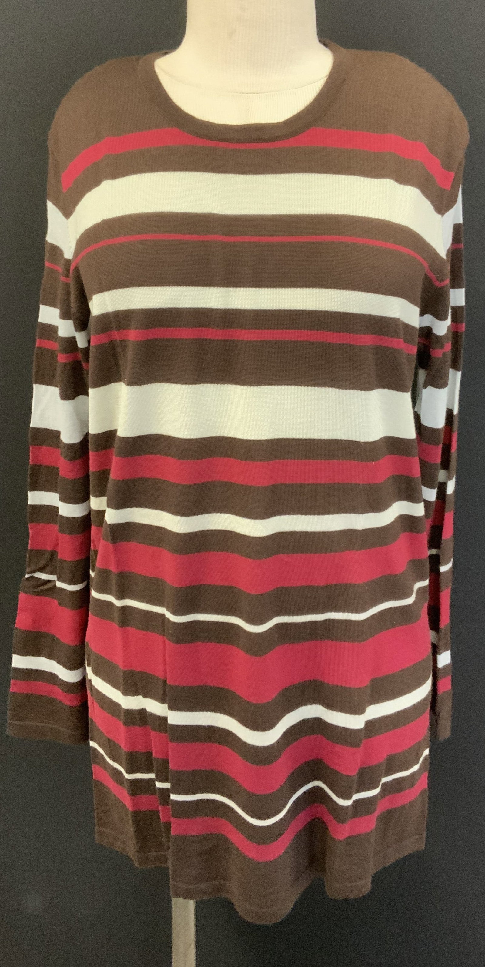 Brown, Red, Blue Striped Long Sleeve Sweater: Brown, red, and light blue striped long sleeve sweater. Material feels like merino wool. Measures approx. 20.5 inches across chest. Some wear to material including pulls and small holes observed. Ladi
