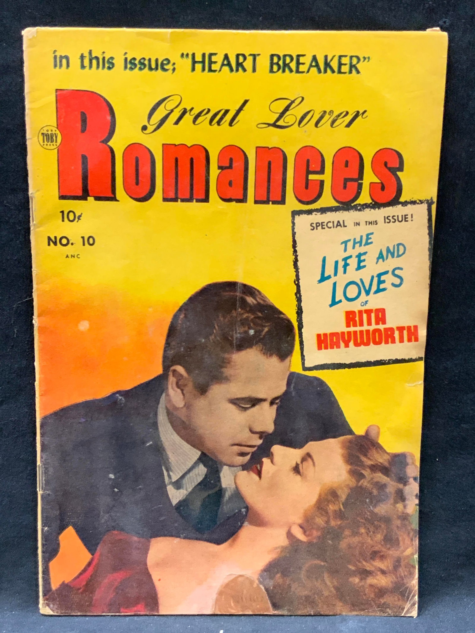 1953 Toby Comics Heart Breaker Great Lover: Copyright 1953 by Toby press Inc. issue of the heart breaker, great lover romances, the life and loves of Rita Hayworth. Approx 10 x 7 inches. Evident wearing to edges and corners of comic. Vintage co