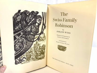 The Swiss Family Robinson Illustr Bk J. Wyss 1963: The Swiss Family Robinson Hardcover Large print book with sleeve cover. Illustrated novel by Johann Wyss. Illustrations by David Gentleman., The Heritage Press, NY c 1963. Measures 10.5 x 7.5 x 1.5 in