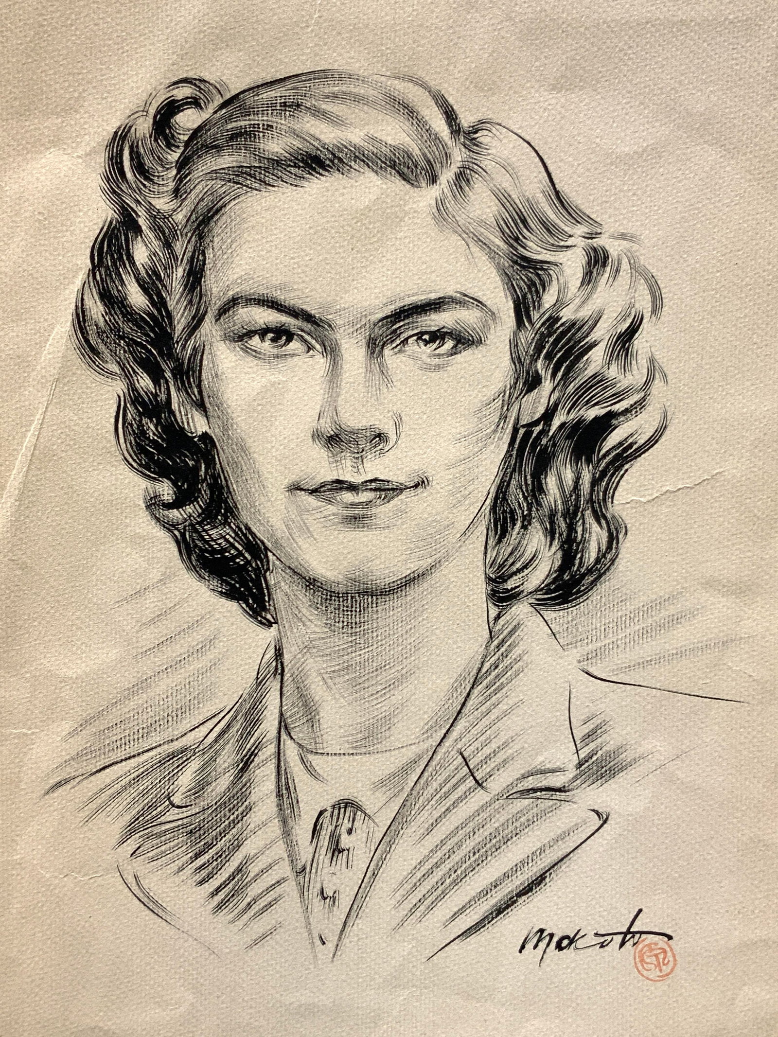 Sgd Vintage Woman Portrait In Ink: Signed on lower left corner, possibly reads Mokotn with a red stamp A portrait of a woman in blazer and tie, painted in black ink. No frame, approx 15 x 11 inches. Evident discoloration and creasing t
