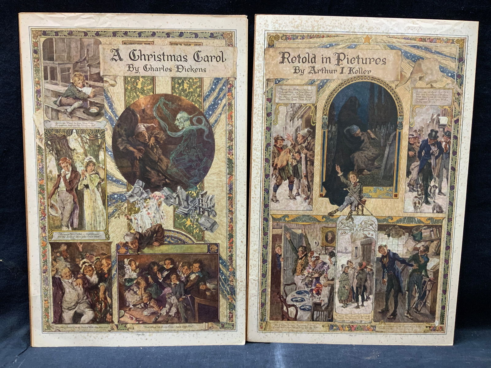 1913 A Christmas Carol Illustrated Magazine Pages: Pages 18 and 19 from the 1913 magazine, the ladies home journal. Marked A Christmas Carol by Charles Dickens, retold in pictures by Arthur l. Keller. Two pages adorn with Illustrator from the Christma
