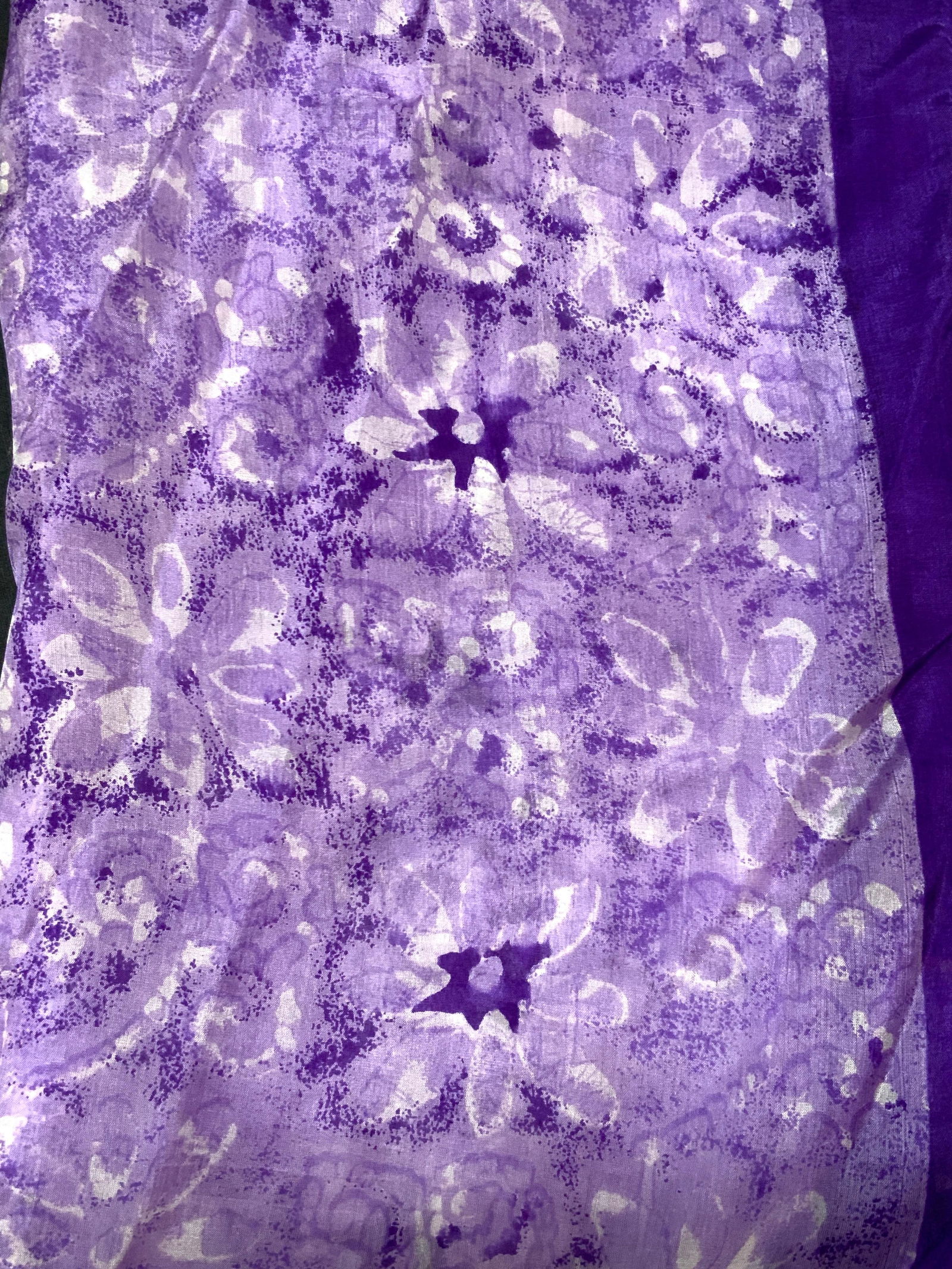 Floral Silk Style Scarf/ Shawl: Purple toned floral scarf/ shawl. No material tag, soft hand possibly silk or man made material. Approx 80 x 20 inches. Minor wearing to stitching due to age and use. Scarf, shawl, floral decor floral