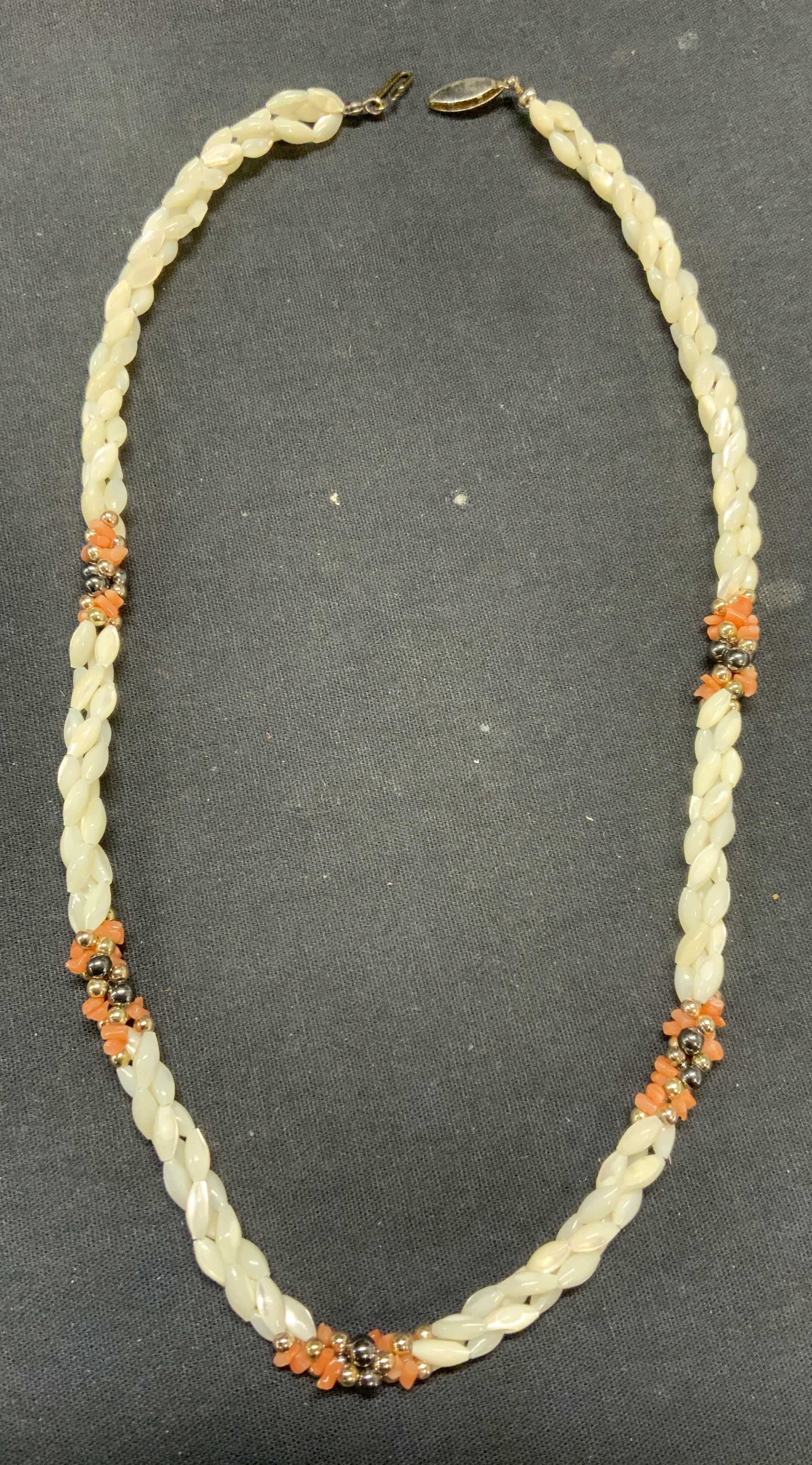 Freshwater Pearl & Coral Beaded Necklace: Freshwater Pearl and coral beaded necklace with gold and silver tone seed beads. Drop length approx. 9.5 inches. Some scratching observed. Estate jewelry, fine jewelry, cocktail jewelry, fashion jewel