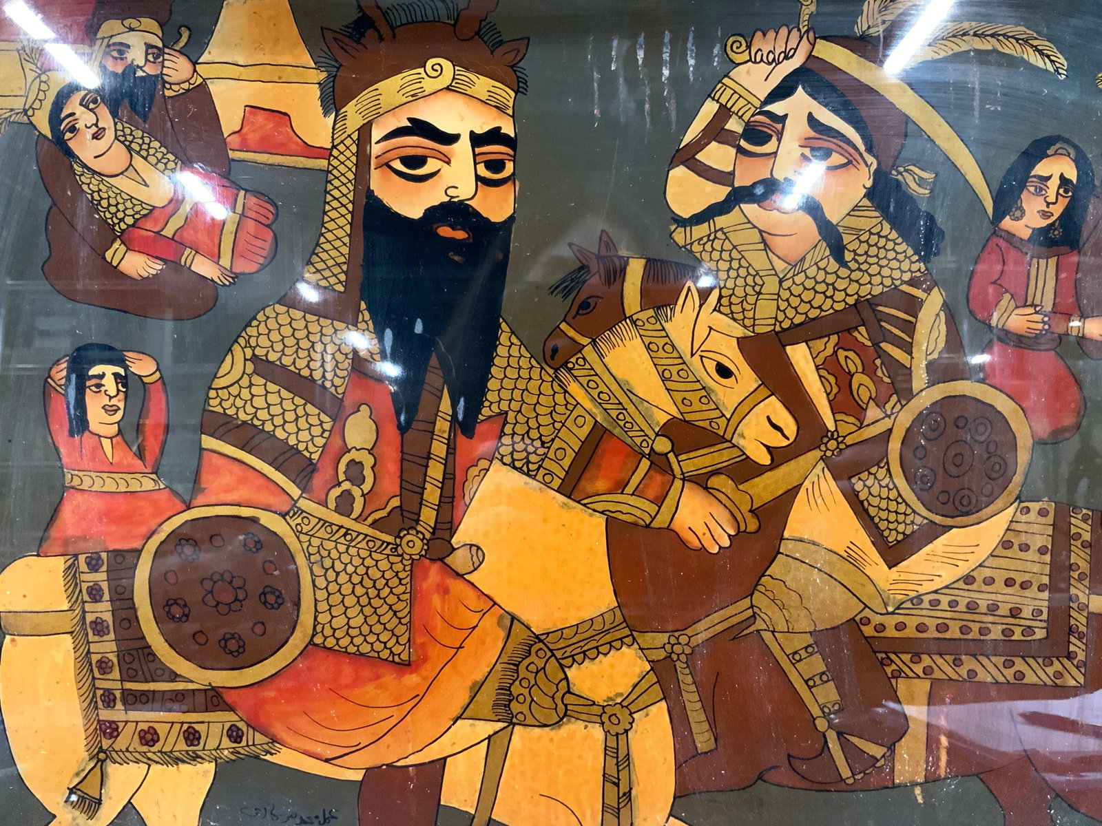 Vintage Persian Folk Art Reverse Glass Painting: Vintage reverse glass painting of men in armor and on horseback in the middle of a battle with people in the background. Framed in a black toned wooden frame, approx,15 x 19 inches window measures 13 