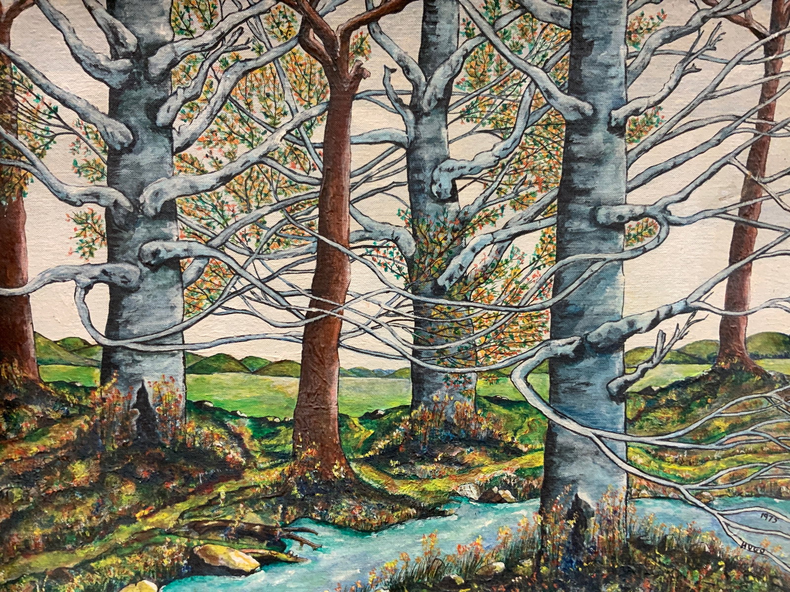 Hugo Signed 1975 Forest Oil Painting 24in: Marked Hugo 1975 on corner. Depicts a forest with white and brown trees and a brook throwing through. No frame Approx 18 x 24 inches. Moderate wearing to edge and corners of painting. Signed oil paint