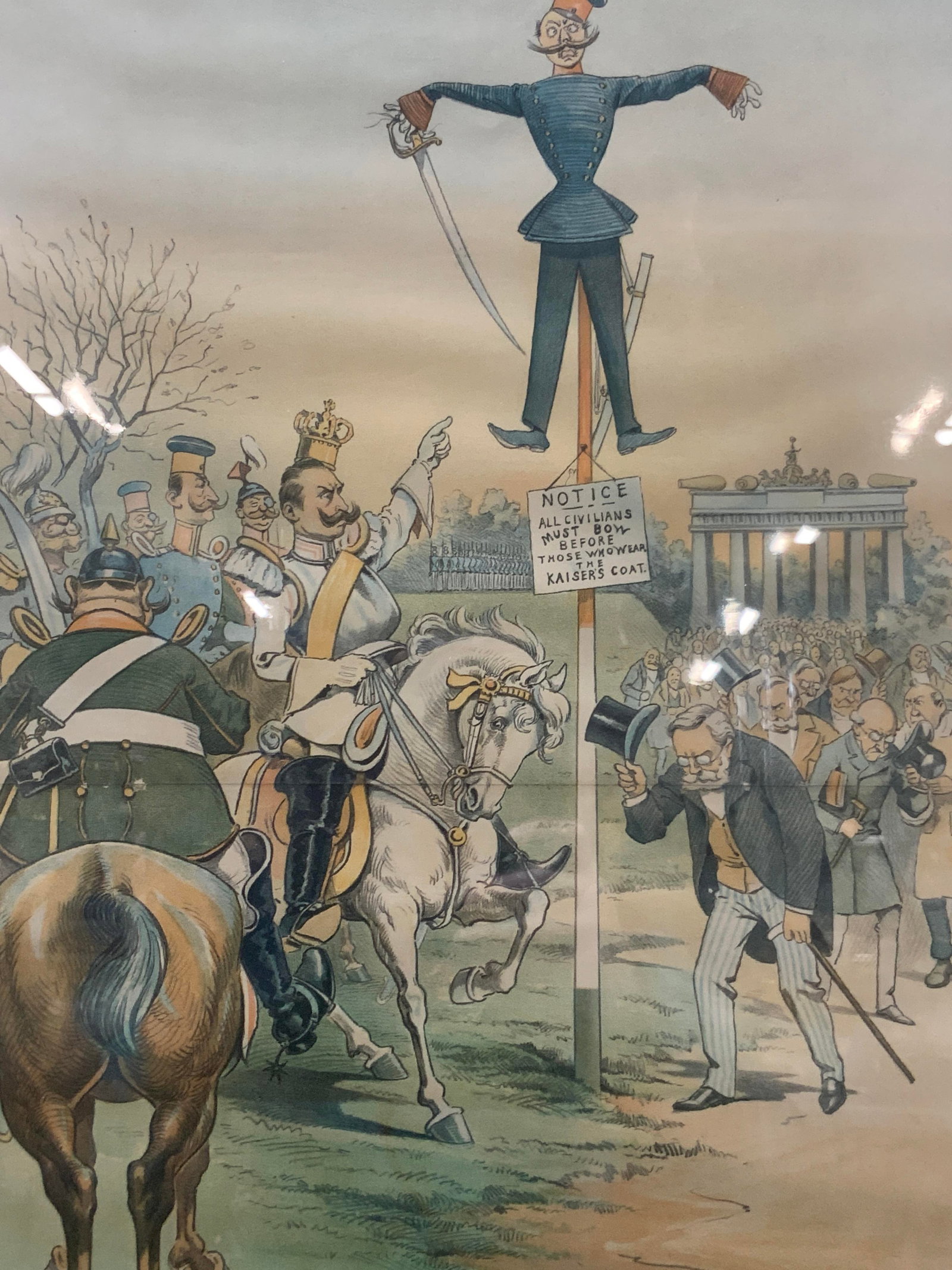 Puck 1896 The Kaisers Coat Political Illustration: Marked Puck, copyright 1896 Reads The Kaisers Coat, an edifying state of things in one of the most Enlightened nations in the world. Depicting the German emperor on horseback pointing at a figure on a