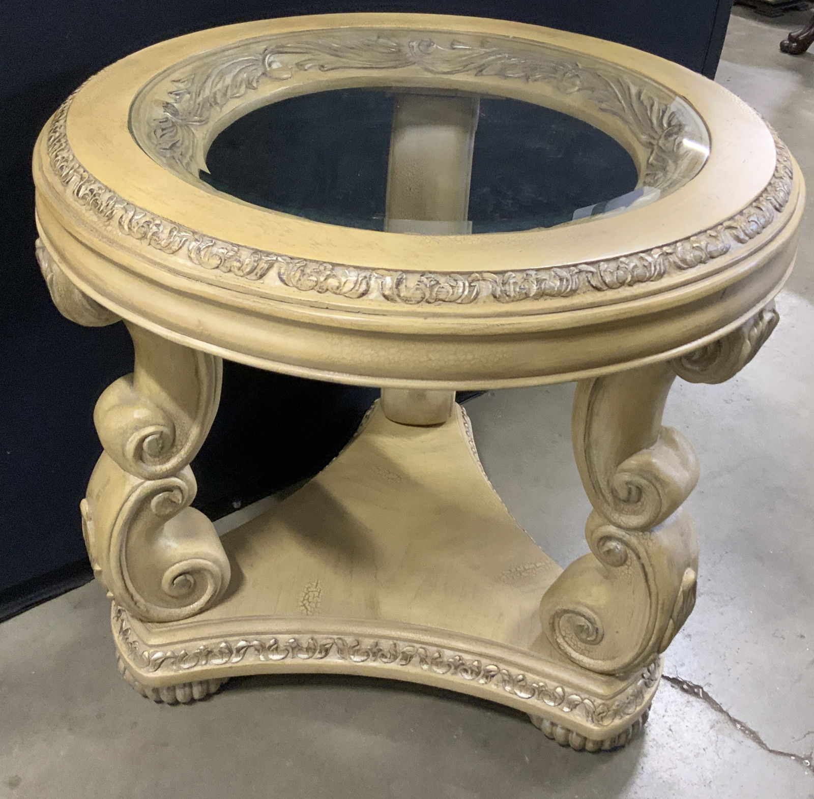 Carved Wood Glass Top Circular Side Table (1 of 9)