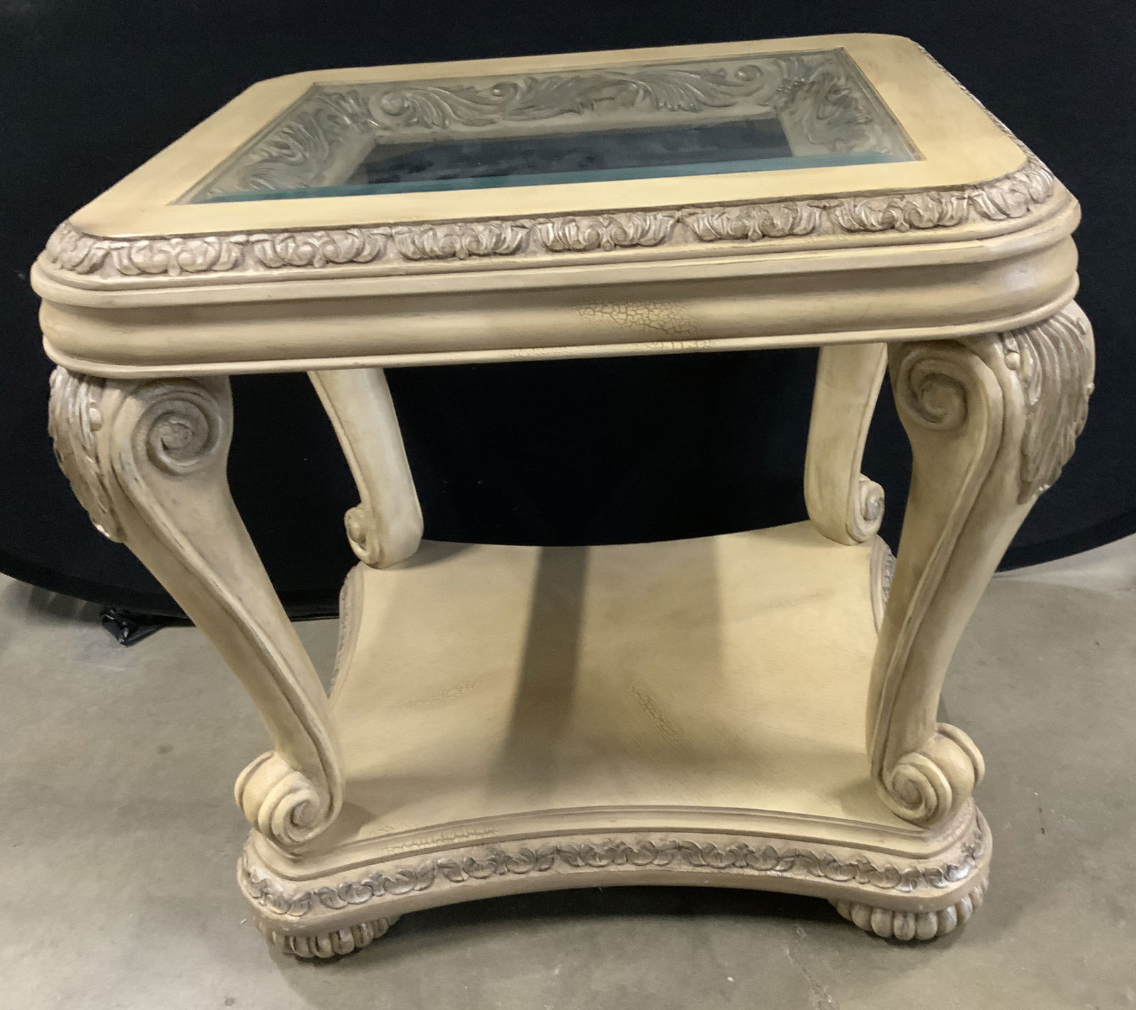 Carved Wood Glass Top Square Side Table (1 of 9)