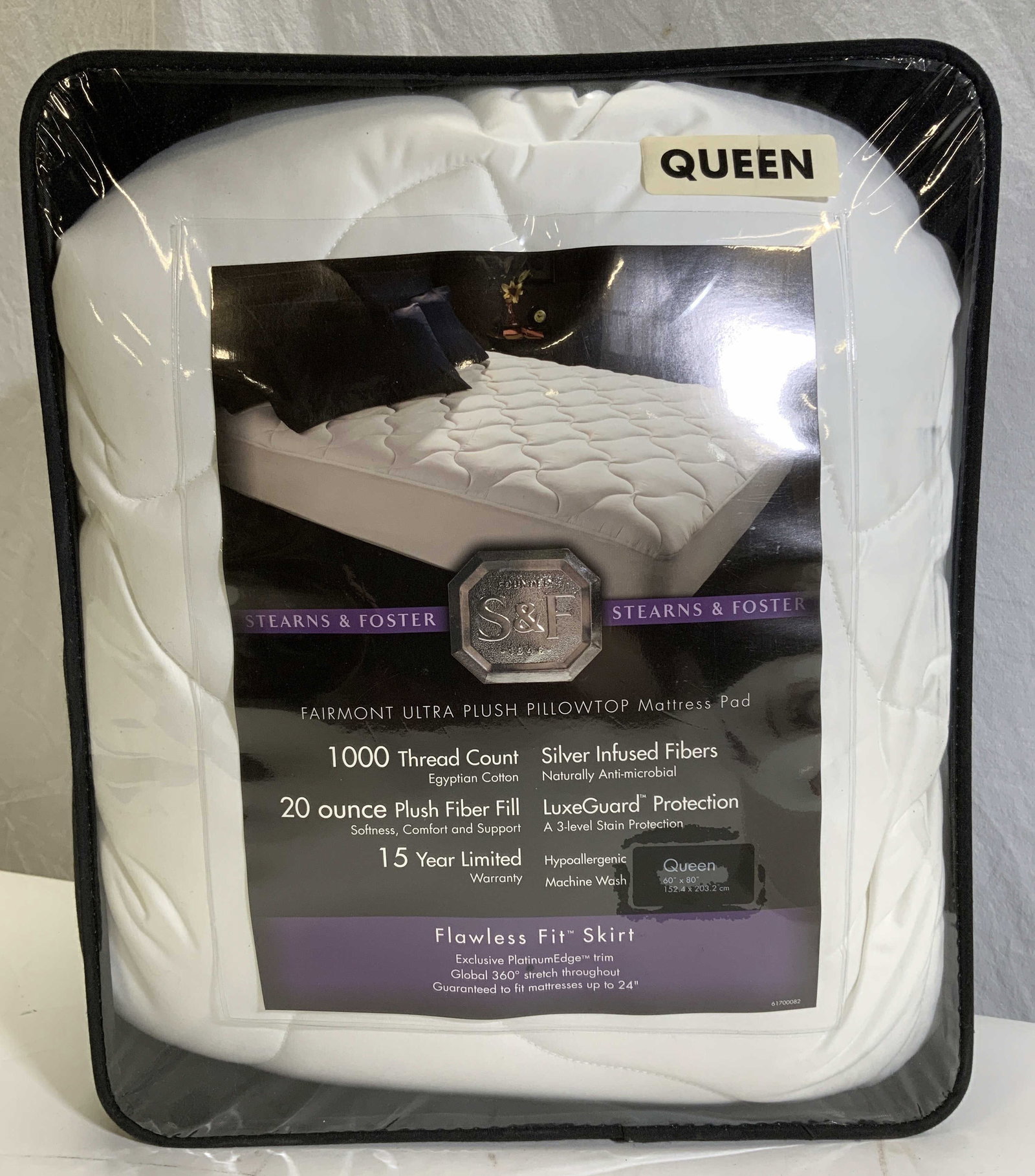 Sterns & Foster Queen Mattress Pad, NIP: 1000 thread count Egyptian cotton STERNS & FOSTER Queen size mattress pad. Never used. In original packaging. Fits mattresses up to 24 in. thick. Ultra plush pillow top mattress pad. 3 level stain pro