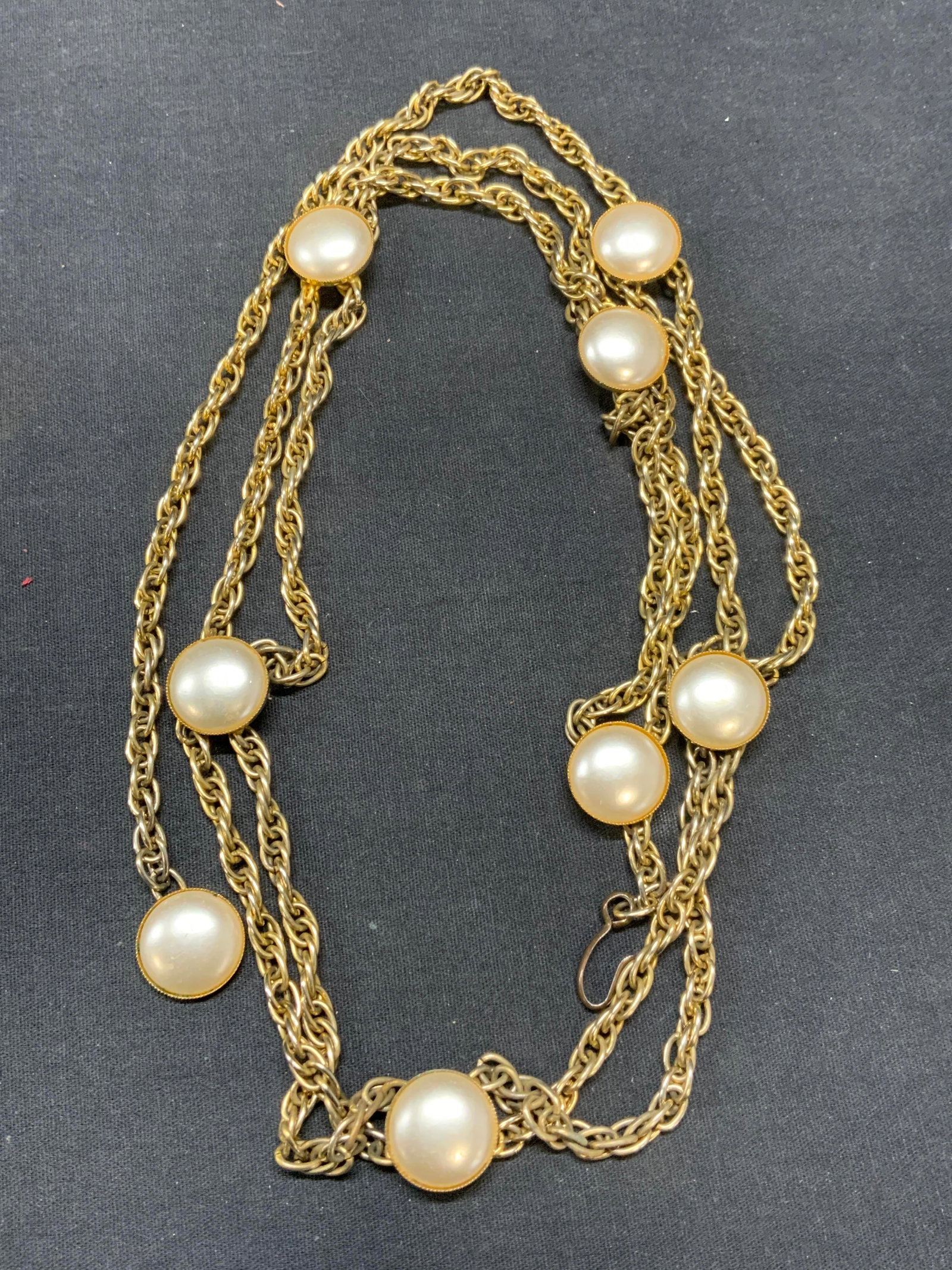 Vintage Gold Tone Faux Pearl Necklace: Vintage gold tone multi chain necklace with faux pearl pendants. Drop length approx. 16.5 inches. Some scratching observed. Estate jewelry, costume jewelry, cocktail jewelry, fashion jewelry, accessor
