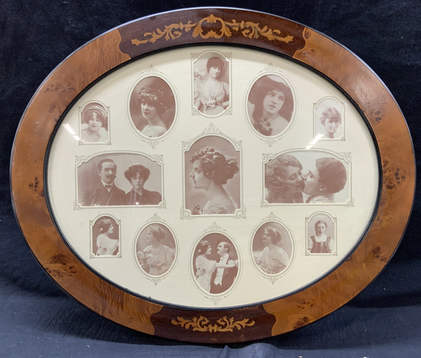 Antique Portraits In Marquetry Frame: Antique portrait photographs within a marquetry wooden Inlayed frame. Most photographs depicts a young woman and others, along with family portraits and couples photographs. Frame measures 20 x 24 inc