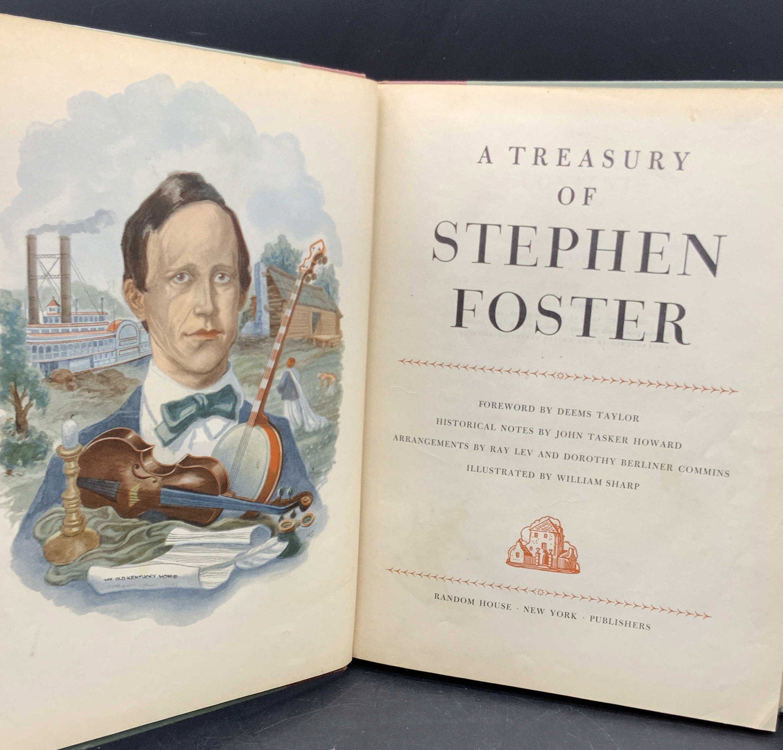 TREASURYOFSTEPHENFOSTER First Printing Book 1946: A TREASURY OF STEPHEN FOSTER FOREWORD BY DEEMS TAYLOR HISTORICAL NOTES BY JOHN TASKER HOWARD ARRANGEMENTS BY RAY LEV AND DOROTHY BERLINER COMMINS ILLUSTRATED BY WILLIAM SHARP, FIRST PRINTING COPYRIGHT