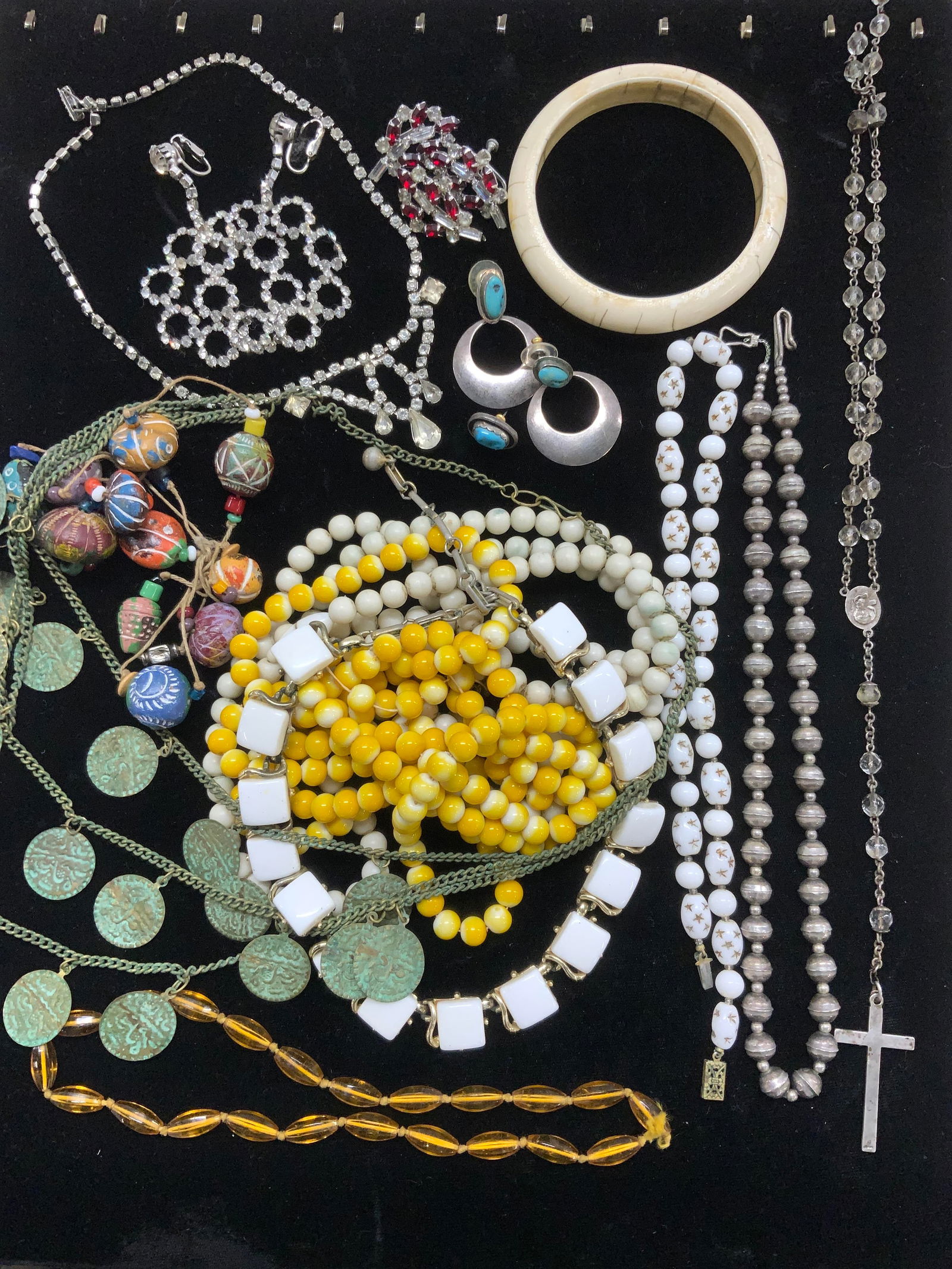 Jewelry Lot, STERLING Silver & More: P. White Philip Navajo Hand Made STERLING Silver and Turquoise drop earrings. Signed P White. 1.5 x 1 in. Pair turquoise STERLING silver stud earrings. 32 ozt tw/ 48 cttw.Prayer beads with a STERLING