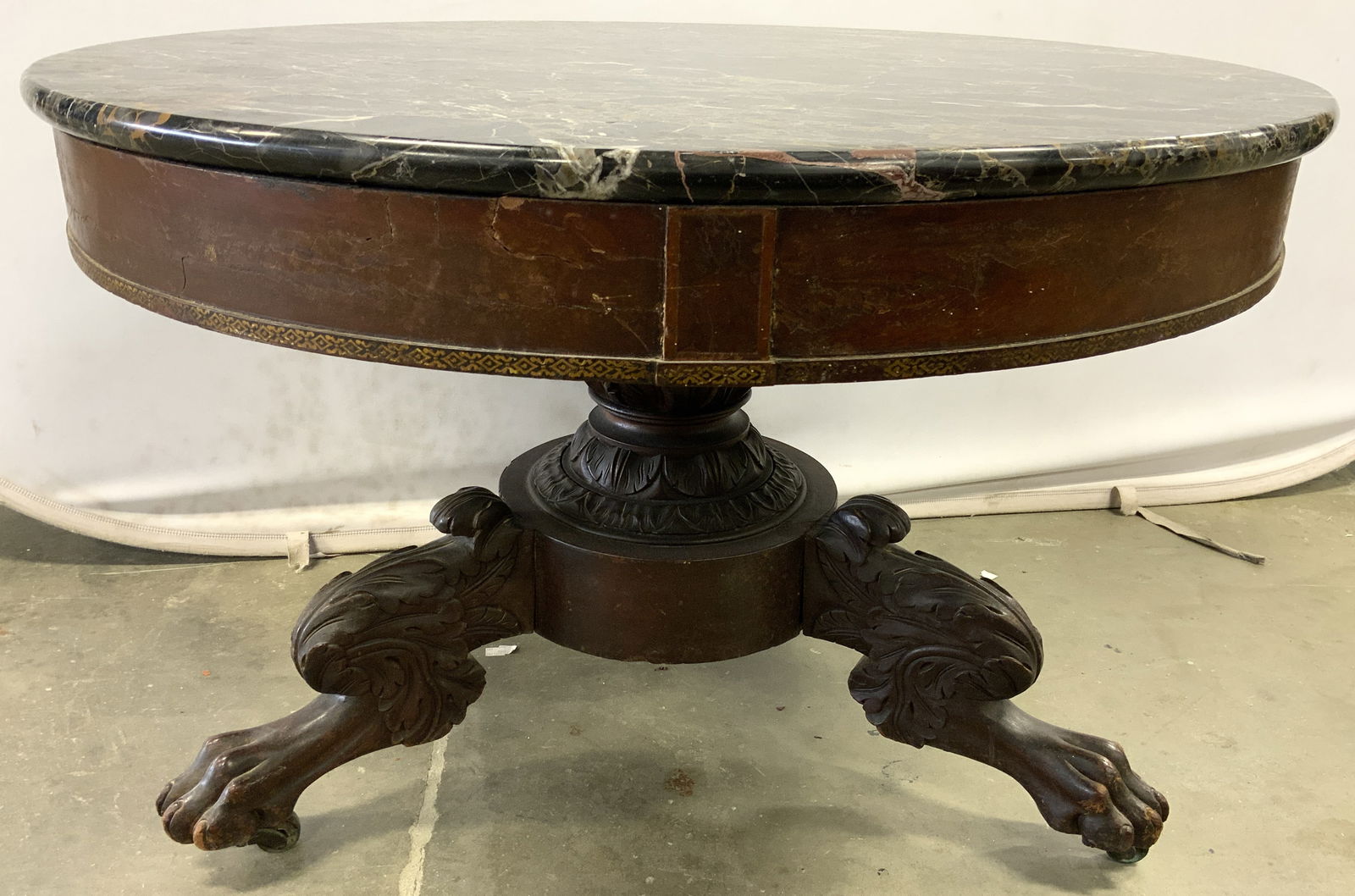 Vtg Low Wood Stone Top Pedestal Table On Casters (1 of 8)