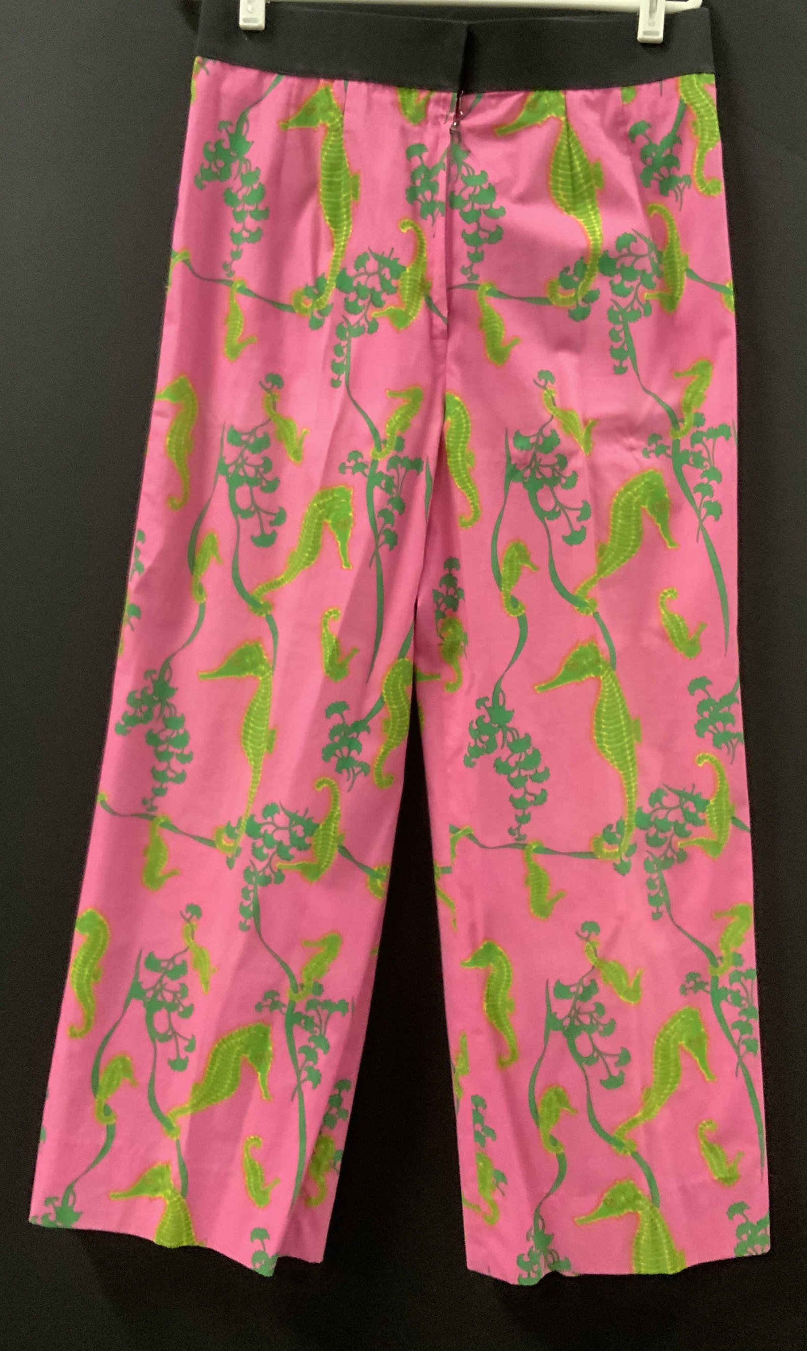Star of Siam Cotton Seahorse Pants, Thailand: Pink hand tailored wide straight leg pants with green seahorses and sea plants. Made in Bangkok, Thailand wide black stretch waist. Hook and loop closure. Light weight cotton . Waist 32 in. length 39 