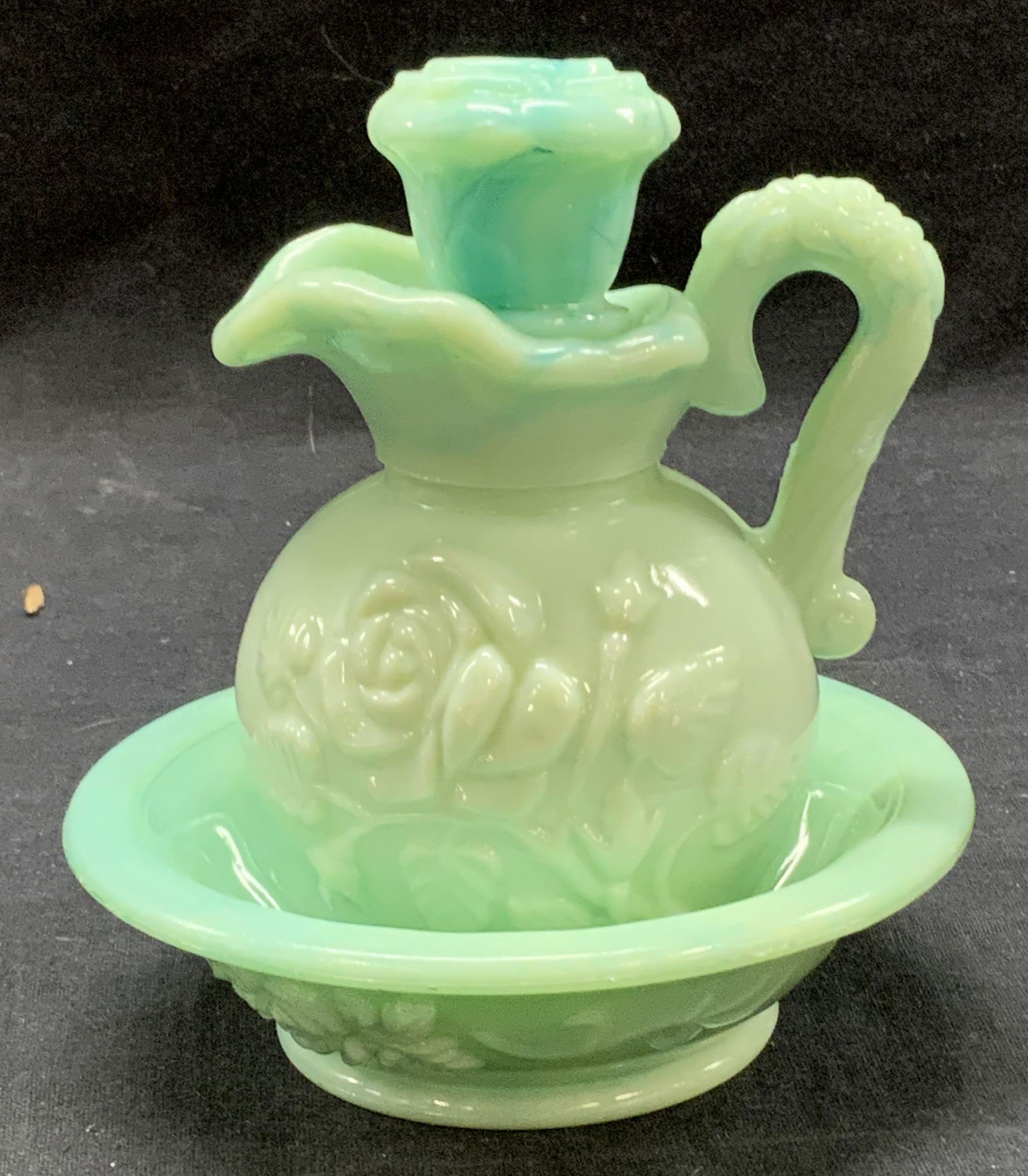 Avon Jadeite Glass Bath Oil Bottle & Bowl w Rose (1 of 9)