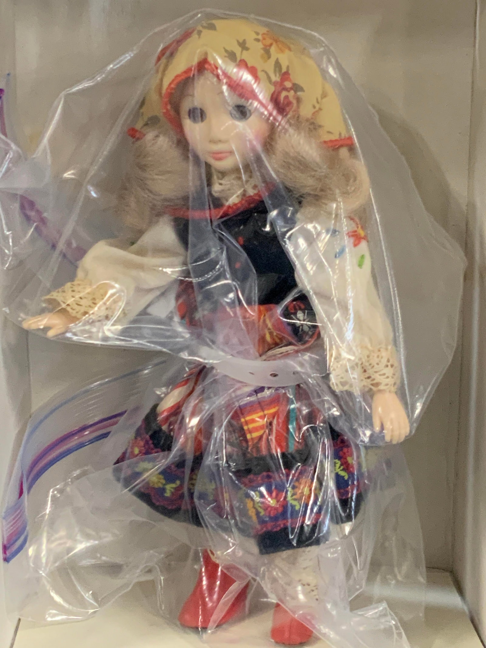 Suzanne Gibson Toy Doll, Poland, Org. Box: Vintage doll marked on box, Suzanne Gibson, dolls from reeves international. Marked 5004 Poland on box. Doll has blond hair with head cover, and embroidered linen clothing inspired by traditional poli