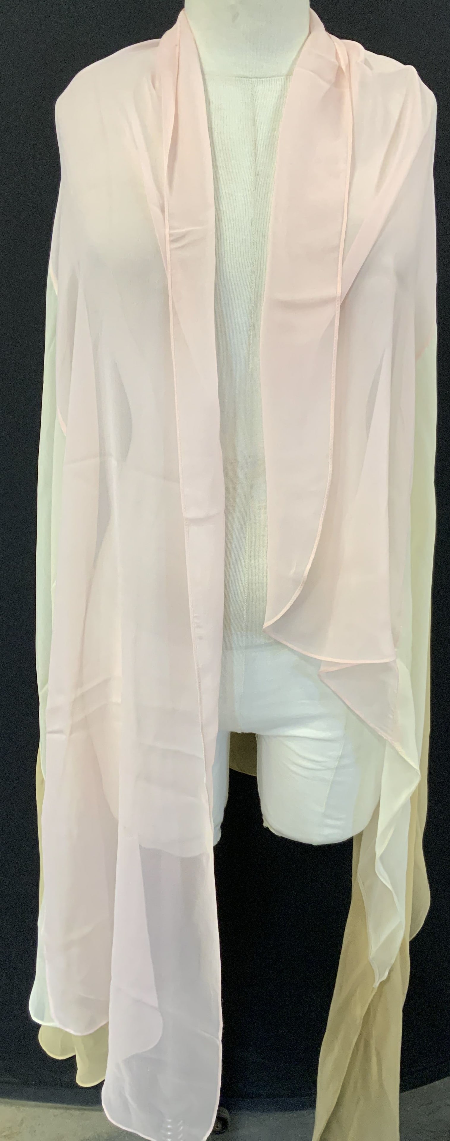 Silk Neapolitan Colored Sheer Shawl: Sheer brown, pink and of white colored, possibly silk shawl, approx 60 x 35 inches long. Minor wearing to stitching. Sheer shawl, shawl, shoulder shawl, accessories, silk accessories, silk decor, silk
