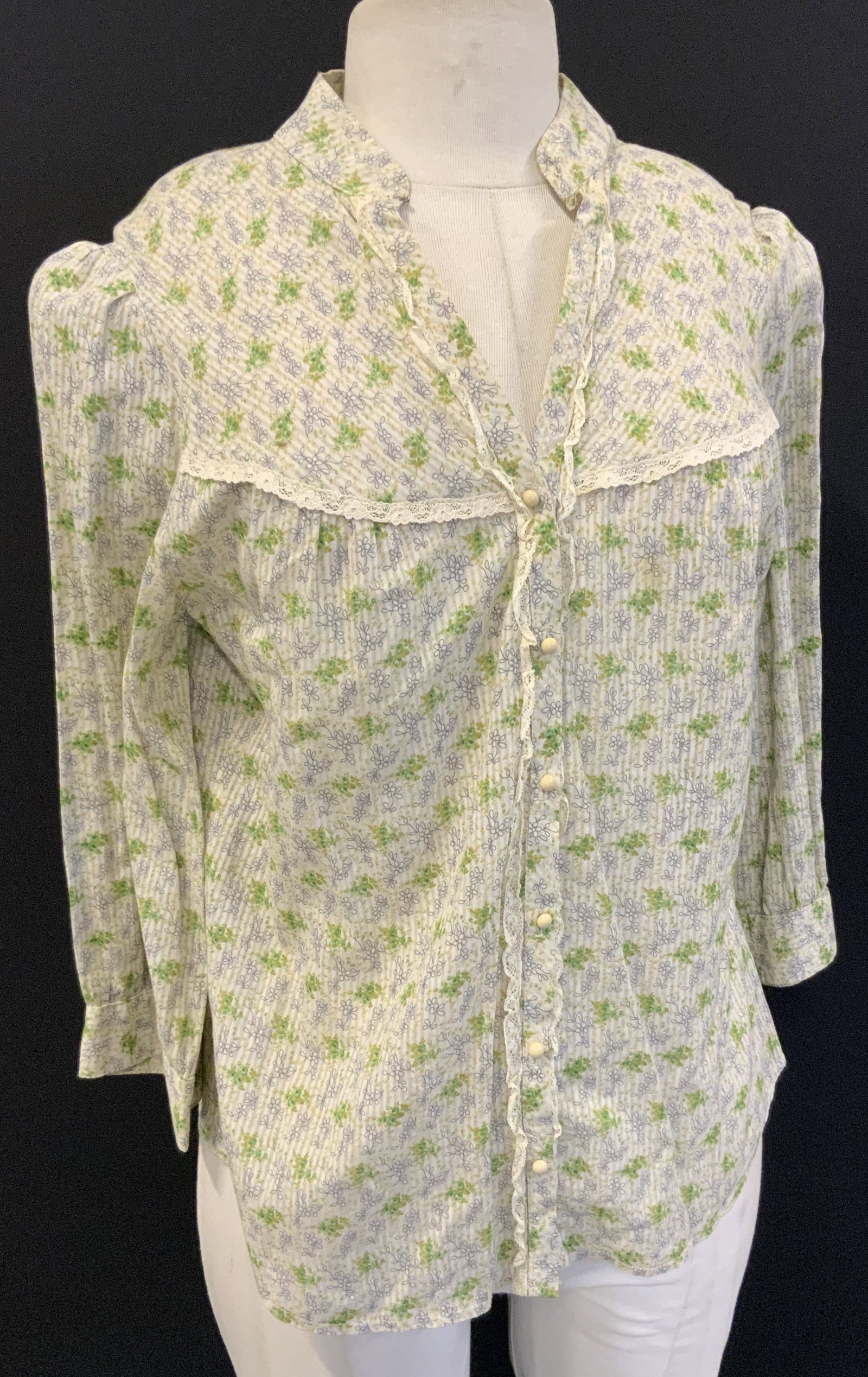 Vntg SHYDE PARIS Long Sleeve Floral Shirt, France: mid century ladies shirt, designer SHYDE Paris. 100% cotton . Grey and green flowers with grey striping on a cream background with a touch of lace. Button down shirt. Size small