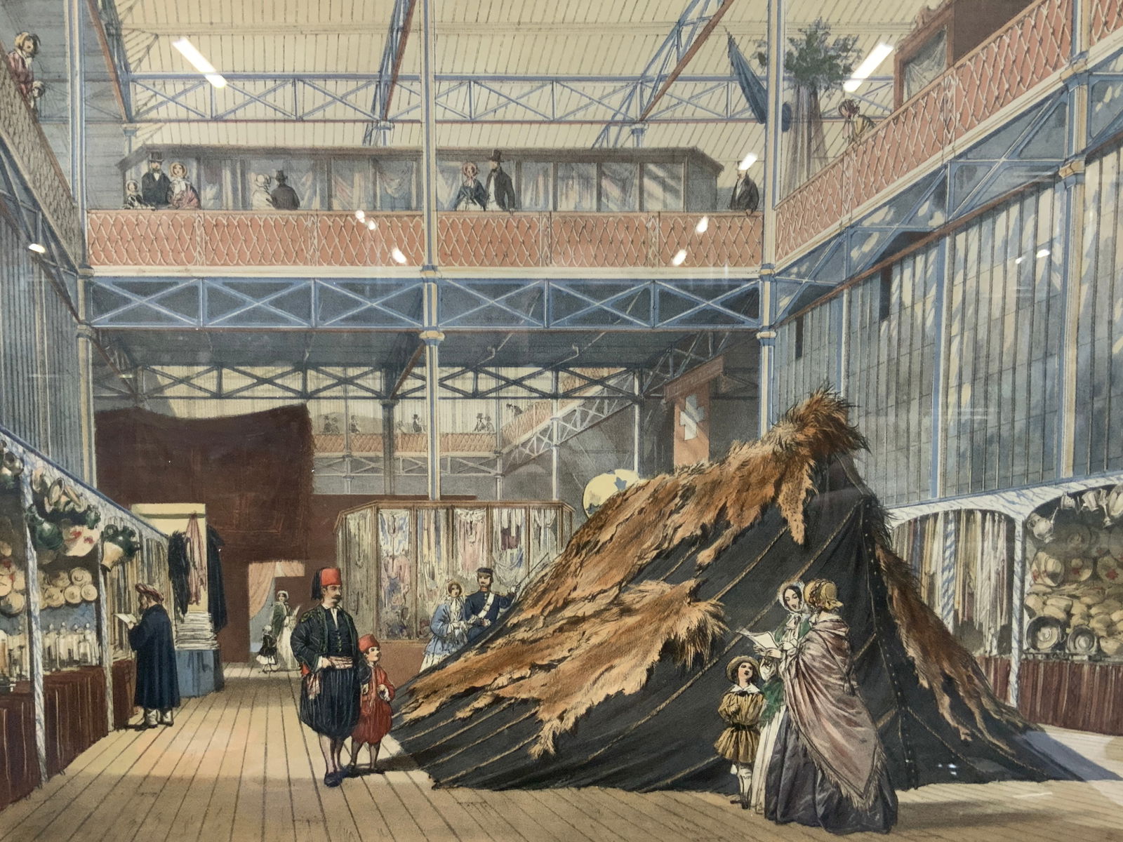 Antq J.N. 1854 Tunis I Full Color Block Etching: Marked on lower right corner J.N.1854, margin reads Tunis I Depicts a market/ museum with stalls filled with hats, scarves and other goods and a center tent with fur on the top. Framed in a gold leaf