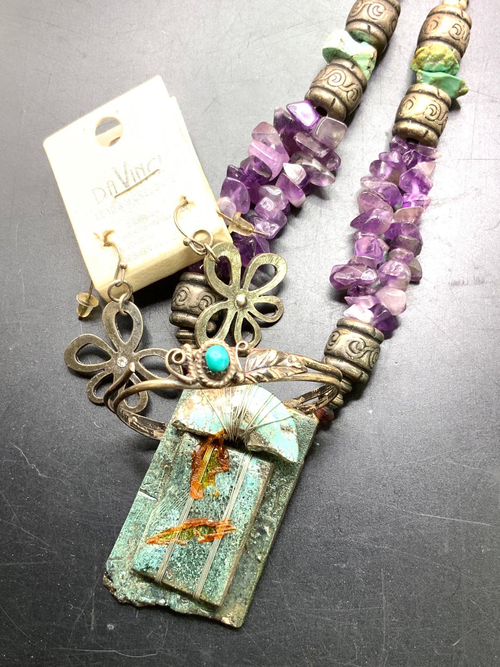 Tibetan Necklace, Sterling Bracelet, Earrings 3pcs: Hand crafted jewelry. Silver childs cuff bracelet with turquoise stone. Tests positive for sterling silver , possibly .800 silver ..17 ozt needs soldering repair. 1.75 in. Diameter. Artisan sculptural