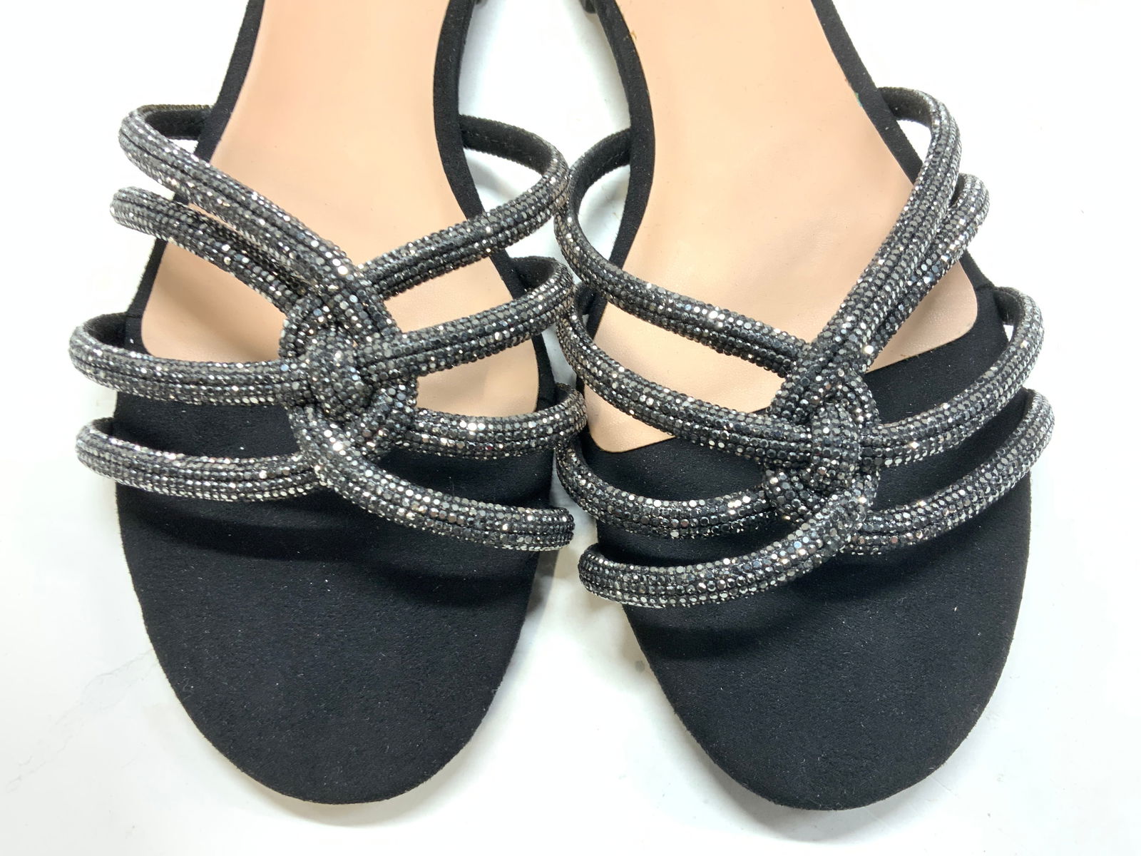 I.N.C Iridescent Sandals NIB Size 10: I.N.C International concepts luxury embellished iridescent crystal flat sandals. New in box. Ladies size 10M. Man- made leather foot soles and black suede- like fabric. Toe box 3.5 in. Wide, heels 2 1