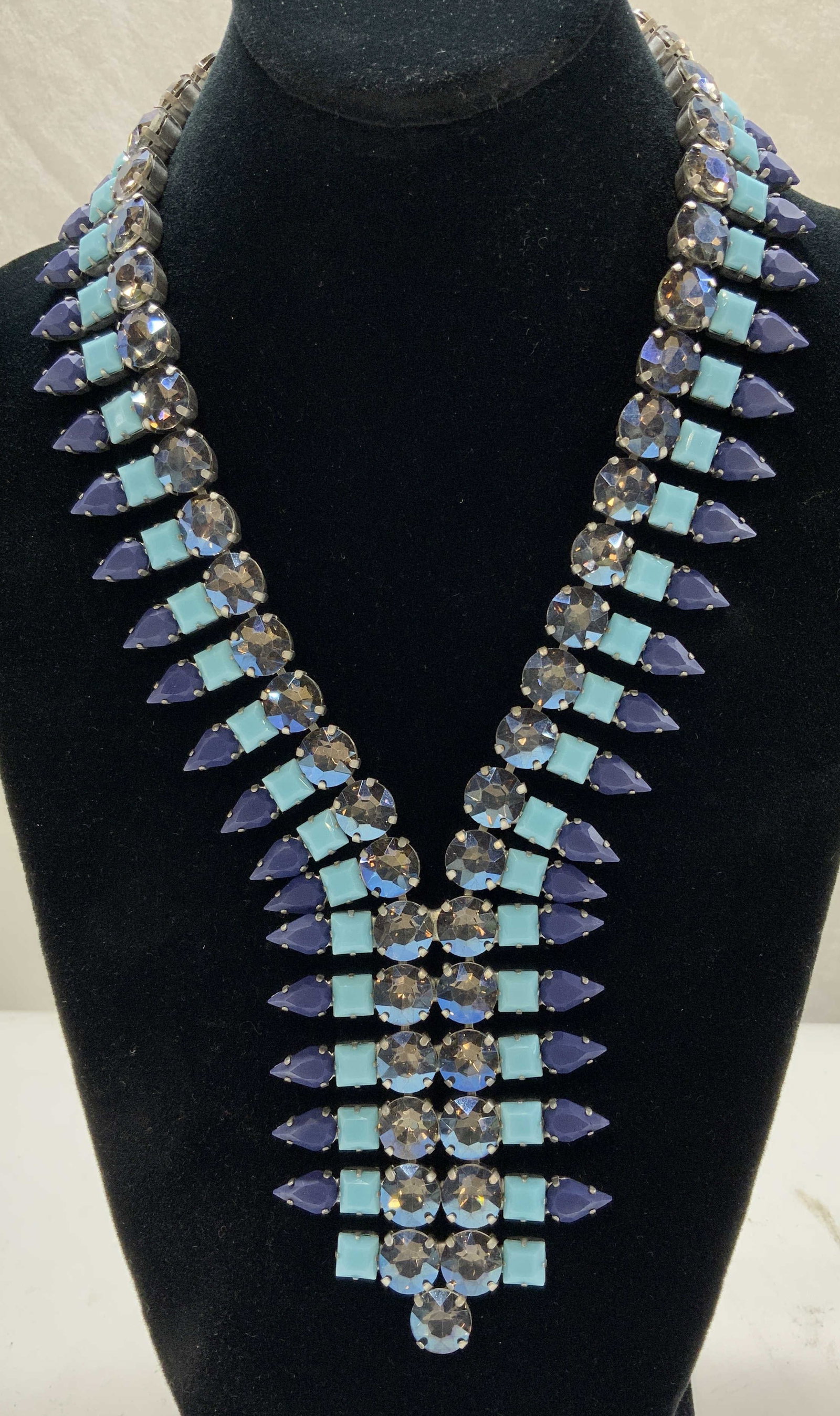 Banana Republic NIP Statement Necklace: Never worn new old stock banana republic statement necklace with Aurora borealis rhinestones, light blue and navy opaque beads, all print set in silver tone metal. Packages in the original Styrofoam a