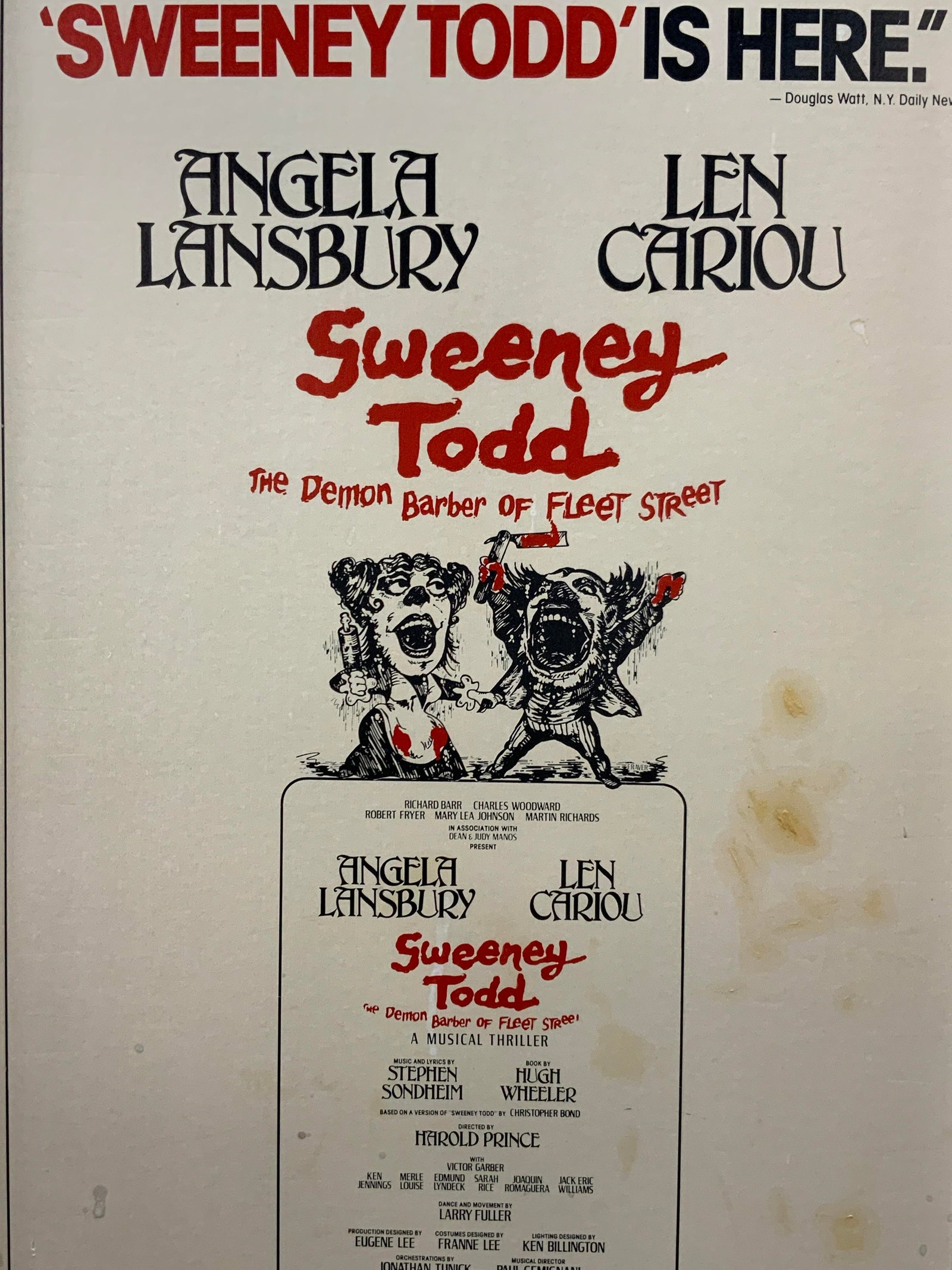 Vtg Sweeney Todd Broadway Theatre Advert: Vintage advert of Uris Theatre Broadway. Sweeney Todd the demon Dutchess of Fleet Street, framed in a silver toned metal frame. Approx 22 x 14 inches window measures 21.5 x 13.5 inches Evident wearing