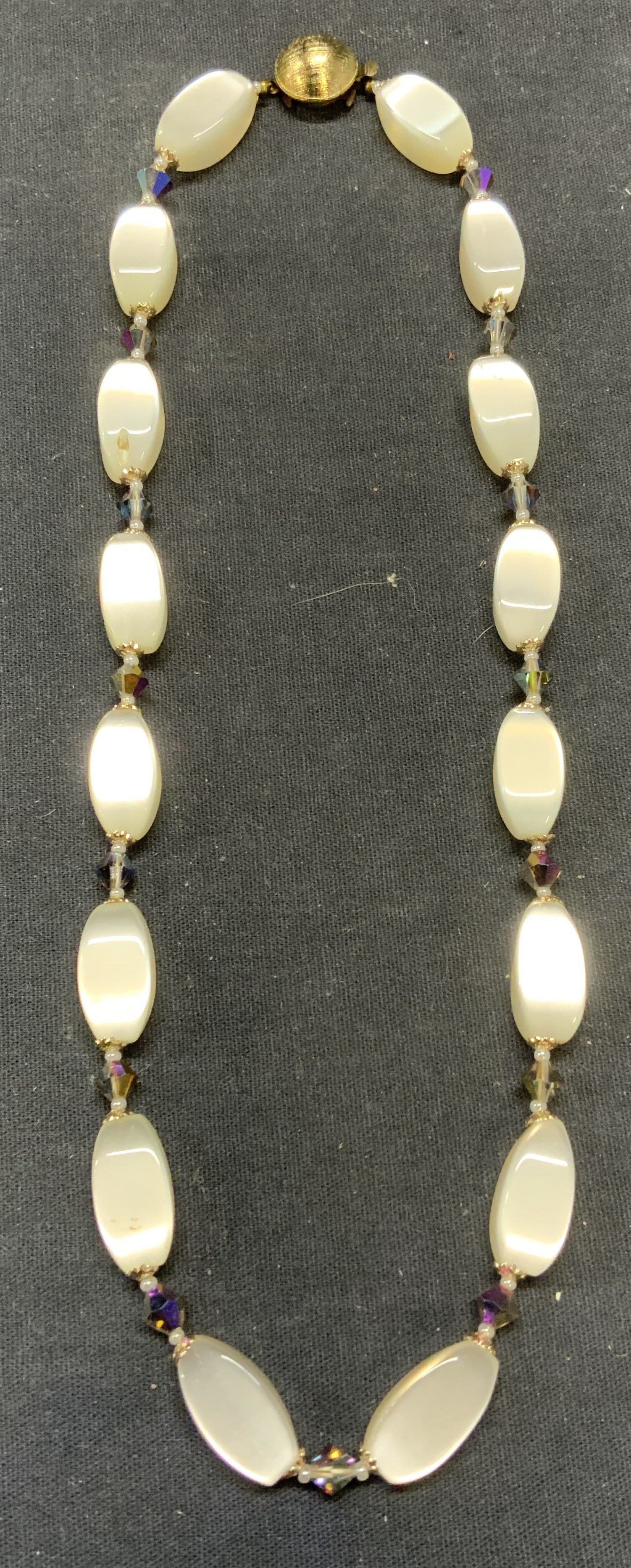 Vintage Moonstone Style Beaded Crystal Necklace: Vintage moonstone style and crystal beaded necklace. Drop length approx. 9 inches. Some scratching observed. Estate jewelry, costume jewelry, cocktail jewelry, fashion jewelry, accessories, fashion ac