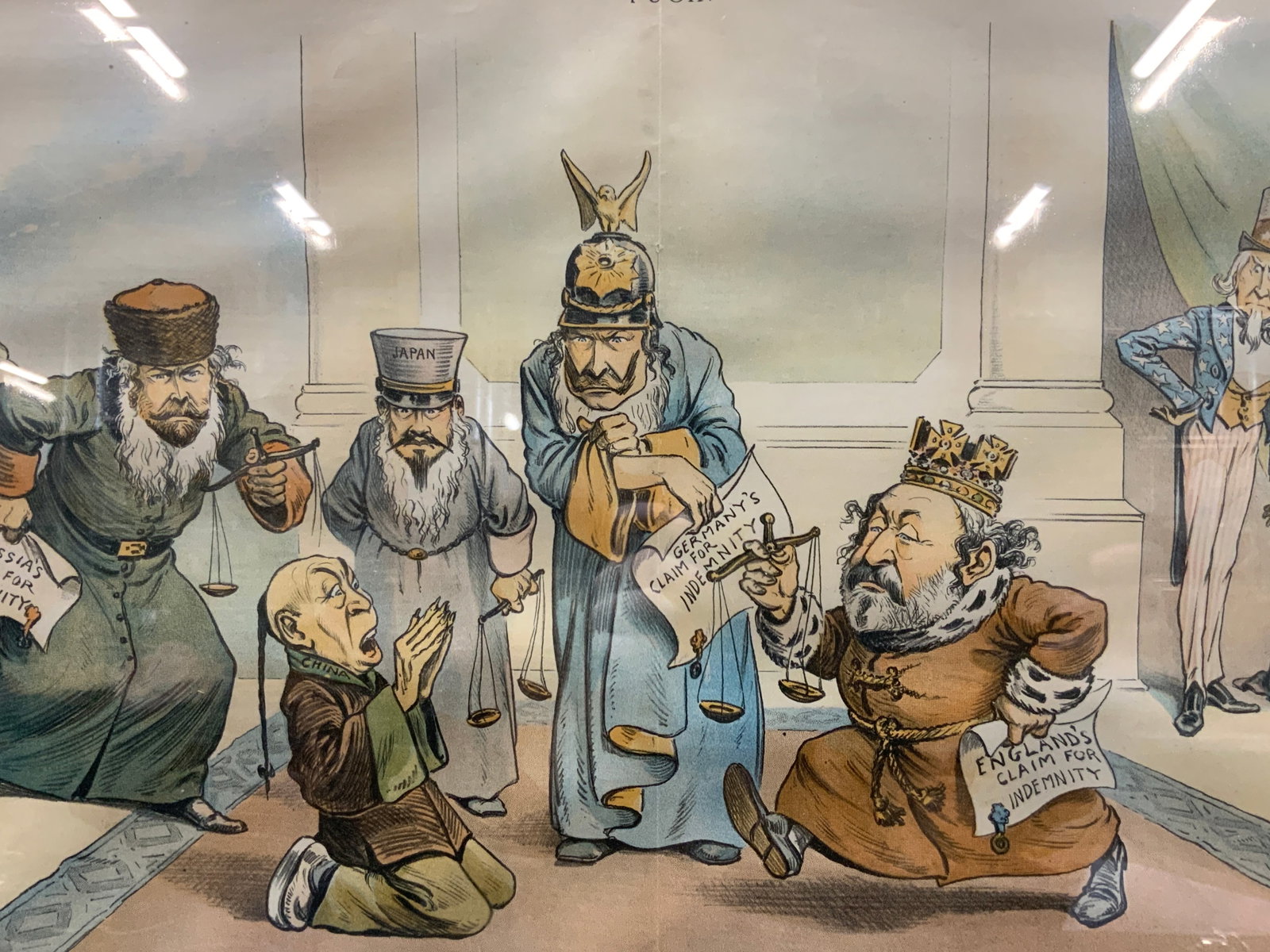 Puck 1901 Antq Political Magazine: Copyright 1901 By Keppler & Schwarzman. Marked Puck on upper margin, and reads Too Many Skylocks that poor fellow needs Portia, why dont you take the part? Depicts china being bombarded by Germany, En