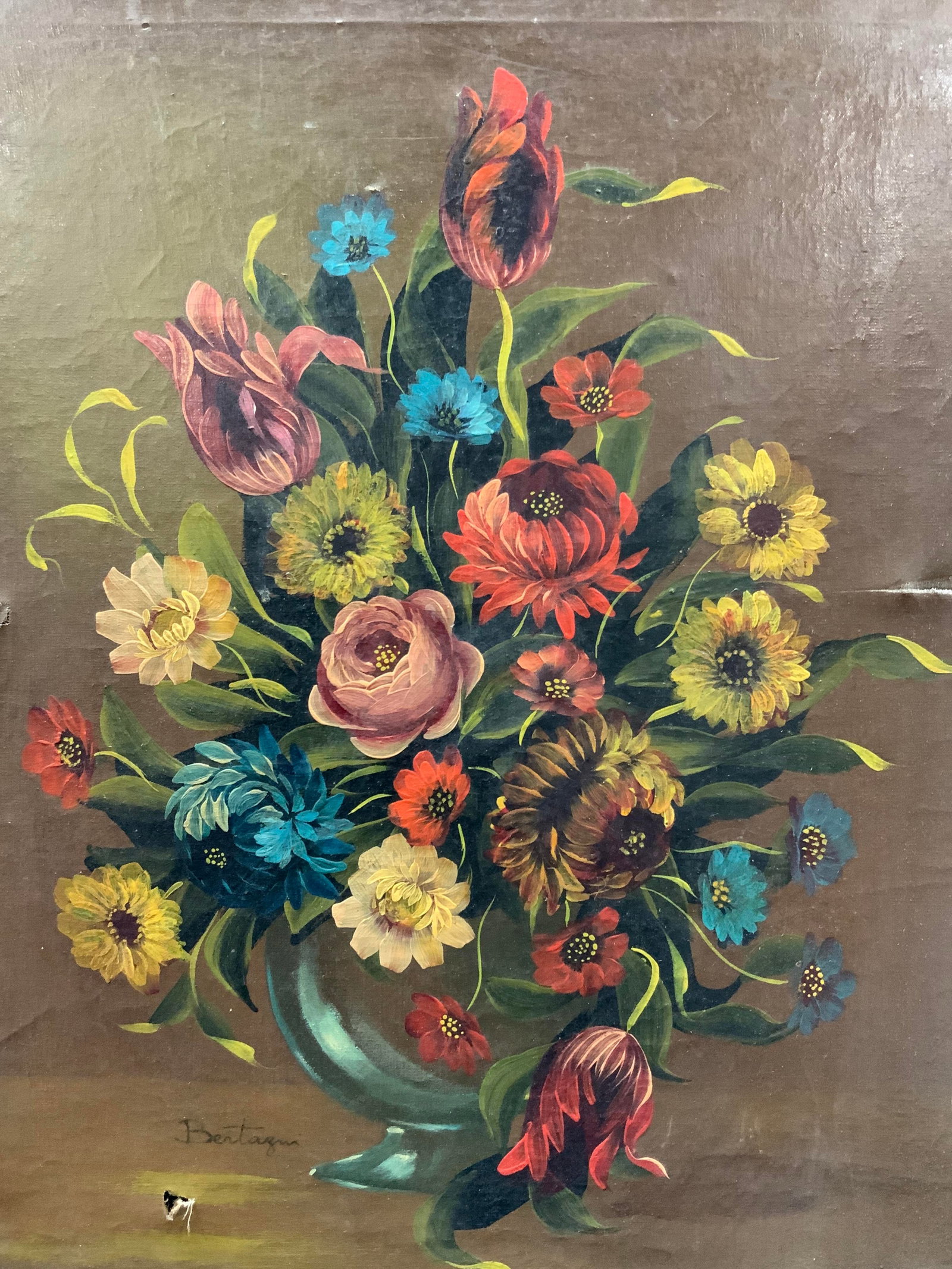Sgd Still Life Flower Oil Painting: Signed on lower left corner Bentagri, possibly. Depicts a still life of various flowers, roses, daisies, pansies and more in a glass vase. No frame approx 24 x 20 inches. Evident wearing to canvas and