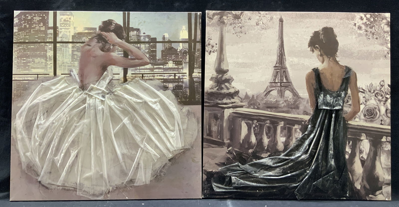 Lot 2 Collaged Lithographs: Lot of 2 stretches lithographs depicting women wearing white and black dresses with the dresses being made of actual rigid fabric affixed to the lithos. No frames. Approx 19.75 x 19.75 inches. Moderat