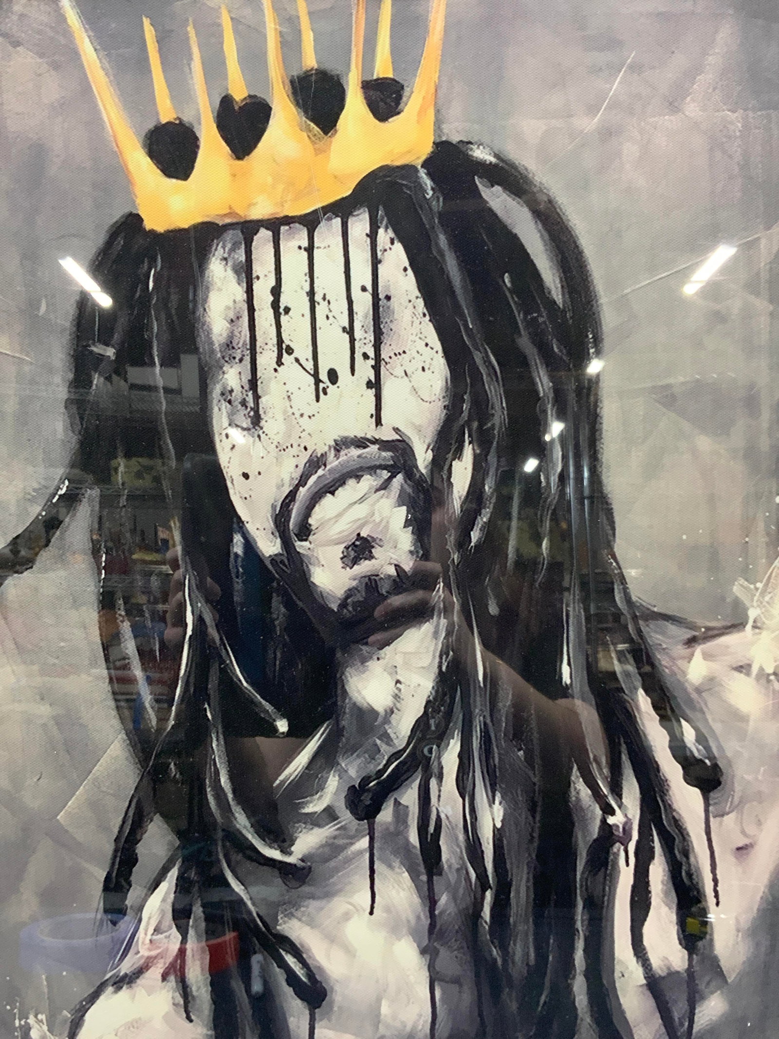 Naturally King Bob Marley Lithograph: Lithograph depicting a man with dread locks and facial hair, possibly Bob Marley with a gold crown on his head. Framed in a black wooden frame approx 25 x 17 inches window measures 23.5 x 15.5 inches 
